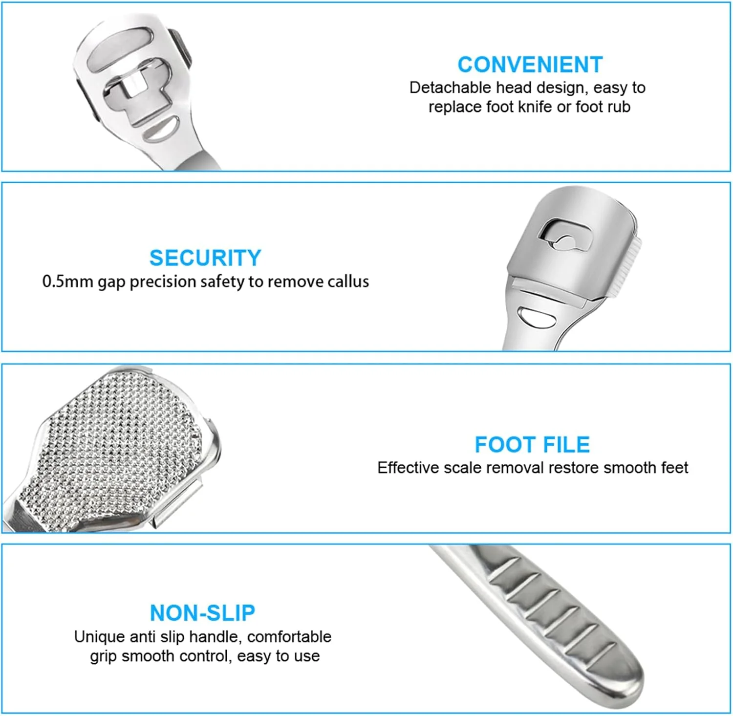 رنده پدیکور پا TESSTSY، رنده پدیکور پا استیل ضد زنگ، اسکالپل پدیکور، سوهان پا، کاتر ذرت، کیت ابزار پدیکور حرفه ای با 10 تیغه نقره ای و کیف