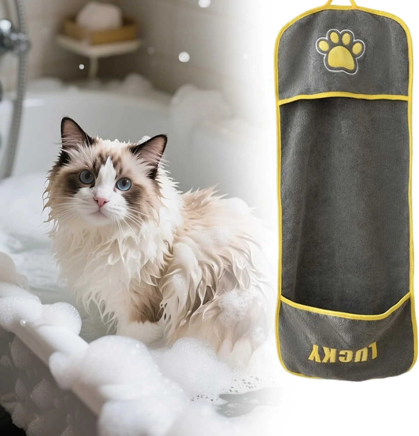 حوله حمام سگ - حوله خشک کن گربه جاذب با جیب های دستی | لوازم نظافت و تمیز کردن حیوانات خانگی، حمام توله سگ، حمام، مناسب برای نژادهای کوچک، متوسط، بزرگ و گربه ها