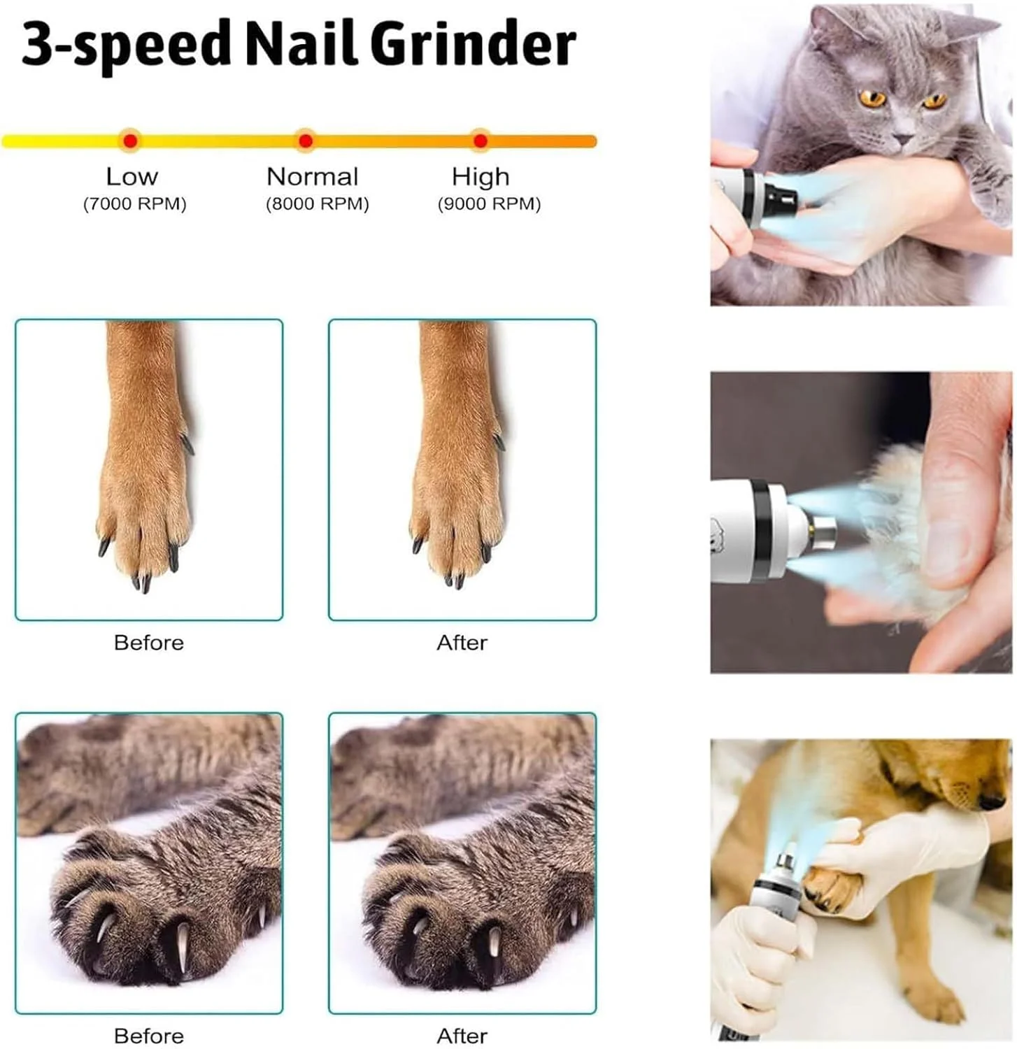 سوهان ناخن حیوانات خانگی برای سگ ها با 3 سرعت - ابزار اصلاح و صاف کردن پنجه های حیوانات خانگی بدون درد | ابزار اصلاح ناخن سگ بی سیم با چراغ LED برای پدیکور و مانیکور در خانه برای بچه گربه، گربه و توله سگ سوهان ناخن حیوانات خانگی برای سگ ها با 3 سرعت - ابزار اصلاح و صاف کردن پنجه های حیوانات خانگی بدون درد | ابزار اصلاح ناخن سگ بی سیم با چراغ LED برای پدیکور و مانیکور در خانه برای بچه گربه، گربه و توله سگ