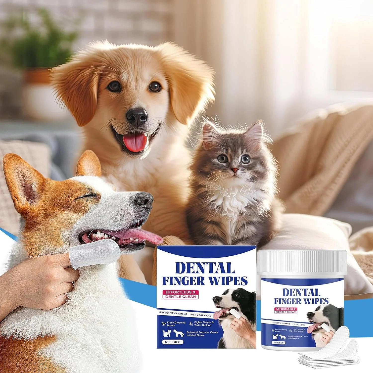 دستمال مرطوب تمیز کننده دندان سگ، 50 عدد، ابزار نظافت ملایم، دستمال مرطوب از بین برنده بوی بد دهان سگ کوچک، برای بهداشت و نظافت روزانه توله سگ، مناسب استفاده در منزل و مسافرت