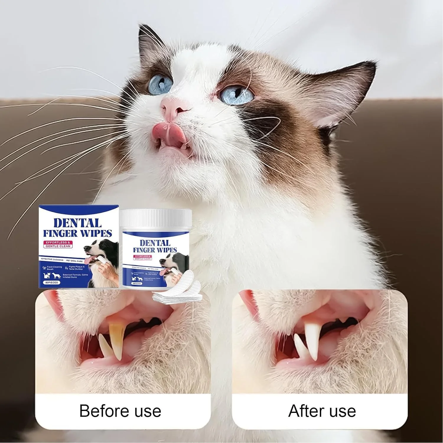 دستمال مرطوب تمیز کننده دندان سگ، 50 عددی، نظافت ملایم و حرفه ای - دستمال انگشتی تمیز کننده دندان گربه | برای بهداشت و مراقبت از دندان توله سگ، مناسب استفاده روزانه در منزل و مسافرت