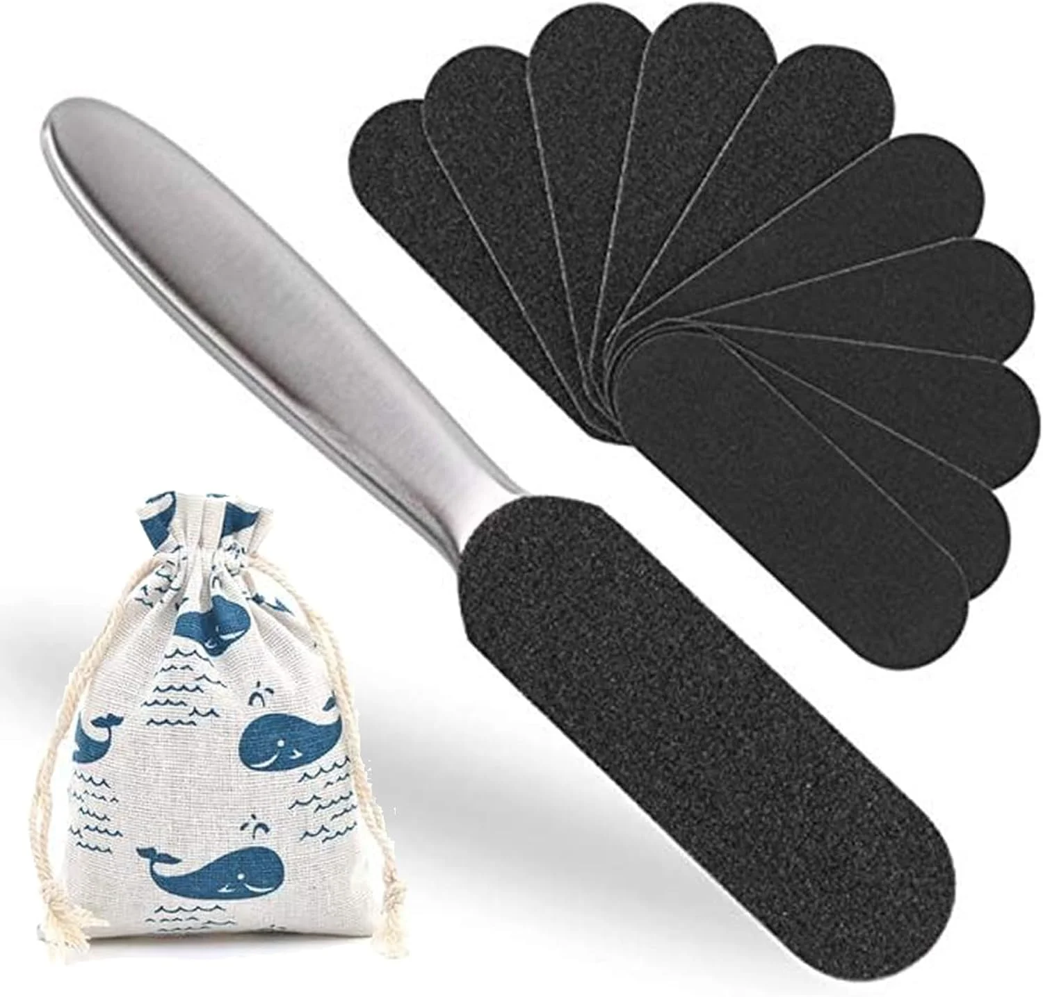 سوهان پا از بین برنده پینه برای پاها، کیت سوهان استیل ضد زنگ پا، اسکرابر پا، رنده پا، اسکراب دو طرفه، ابزار حرفه ای کیت پدیکور برای پوست های سخت و مرده پاشنه ترک خورده، به همراه 10 عدد کاغذ سنباده