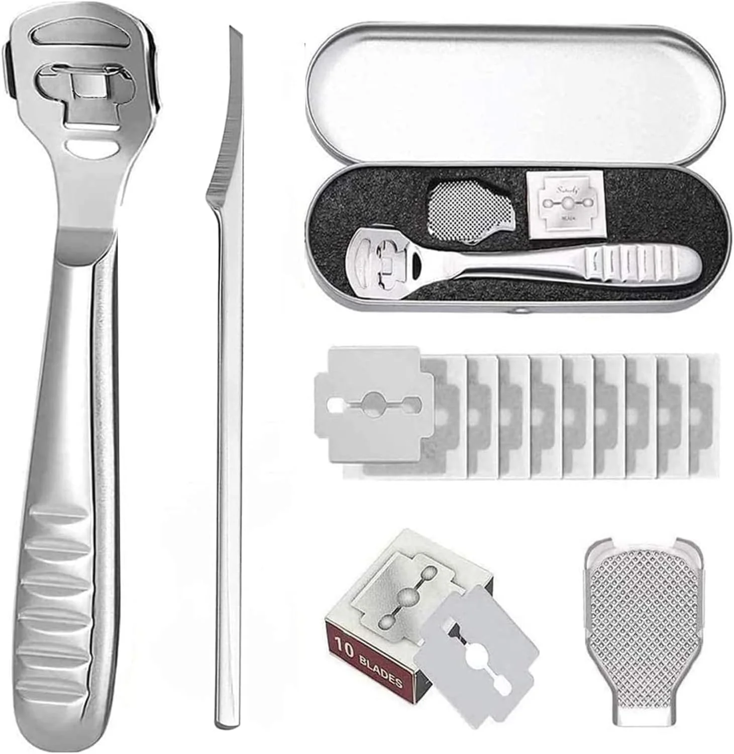 ست اسکرابر پا استیل ضد زنگ، کیت ابزار مراقبت از پا با قطعات قابل تعویض، از بین برنده پینه و کیت پدیکور، چاقوی پای 2 در 1 با تیغه ها، چنگال پوست مرده و دسته ارگونومیک برای از بین بردن پوست سخت ست اسکرابر پا استیل ضد زنگ، کیت ابزار مراقبت از پا با قطعات قابل تعویض، از بین برنده پینه و کیت پدیکور، چاقوی پای 2 در 1 با تیغه ها، چنگال پوست مرده و دسته ارگونومیک برای از بین بردن پوست سخت