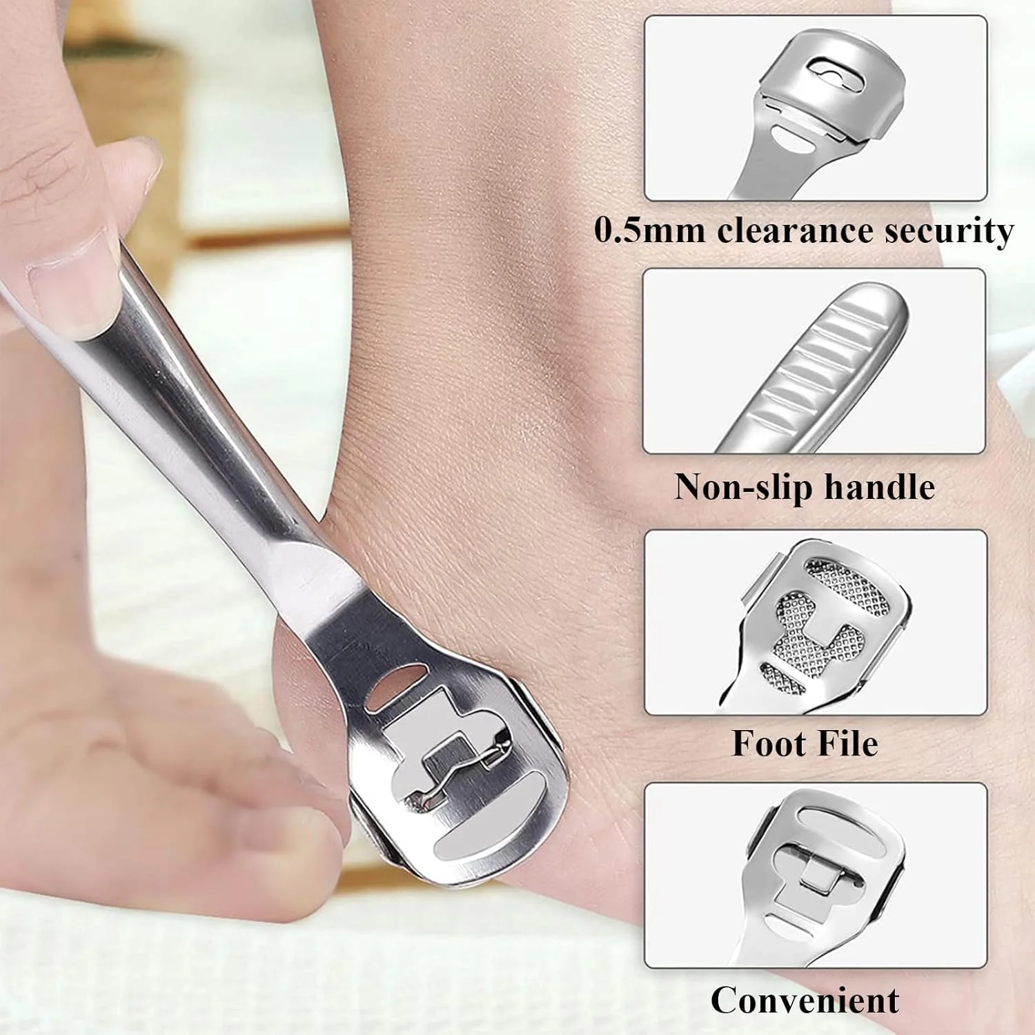 ست اسکرابر پا استیل ضد زنگ، کیت ابزار مراقبت از پا با قطعات قابل تعویض، از بین برنده پینه و کیت پدیکور، چاقوی پای 2 در 1 با تیغه ها، چنگال پوست مرده و دسته ارگونومیک برای از بین بردن پوست سخت