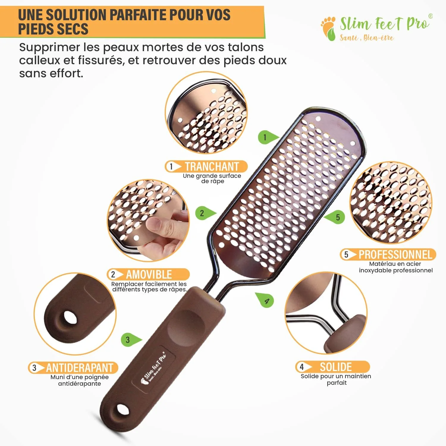 سوهان پا حرفه ای استیل ضد زنگ Slim Feet PRO برای از بین بردن پینه، شاخک، پوست مرده، خشکی و ترک پا بدون زحمت، سوهان دو طرفه مراقبت از پا