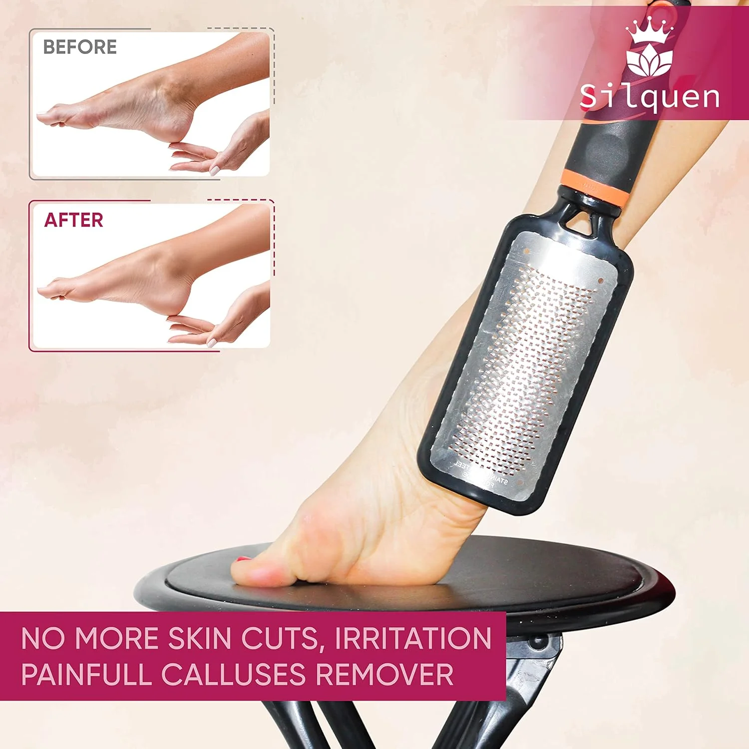 سوهان پا حرفه ای سیلکن، بسته 1 عددی، ساخته شده از پلاستیک و فولاد با کیفیت، از بین برنده پینه، از بین برنده پوست سخت، لایه بردار-اسکرابر دو طرفه، استفاده آسان با دستگیره ارگونومیک