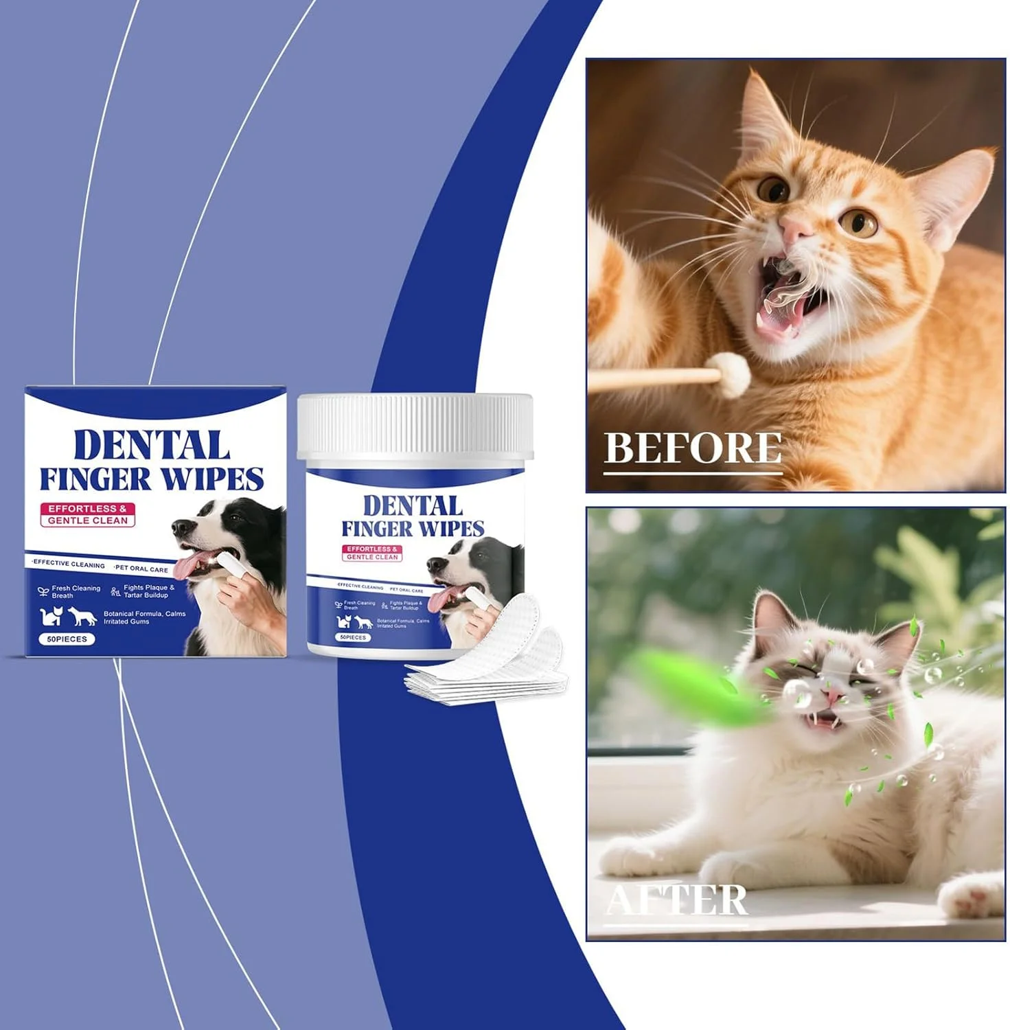 دستمال مرطوب تمیز کننده دندان سگ | ابزار نظافت حرفه ای 50 عددی، دستمال مرطوب از بین برنده بوی بد دهان سگ کوچک، برای بهداشت و مراقبت روزانه سگ در منزل و سفر