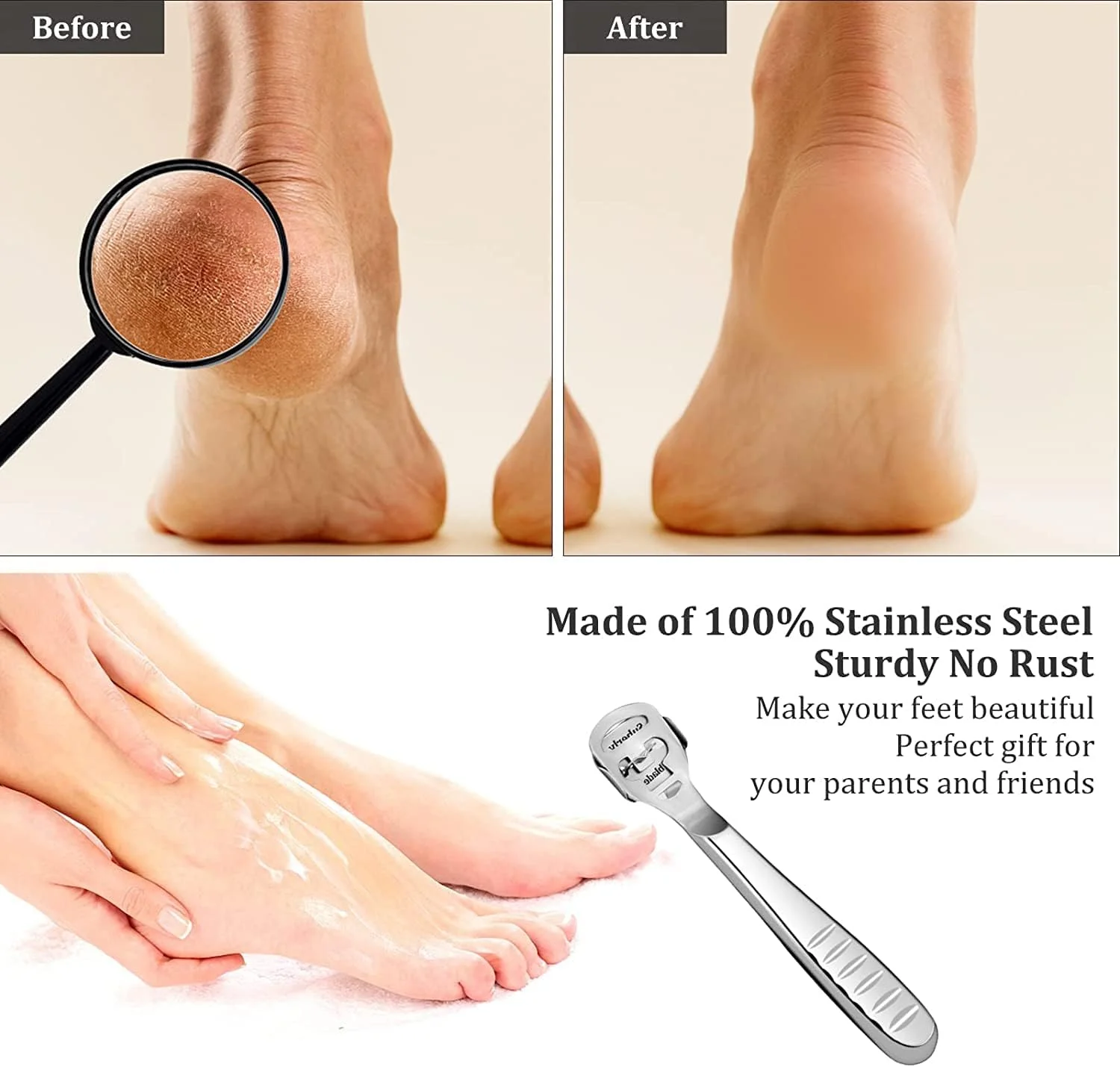 سوهان پا 2 در 1 برای پوست سخت، خراشنده حرفه ای پا از جنس استیل ضد زنگ با 10 تیغه تعویضی، از بین برنده پینه و ست ریش تراش پدیکور برای پاهای صاف و مراقبت از پا (نقره ای)