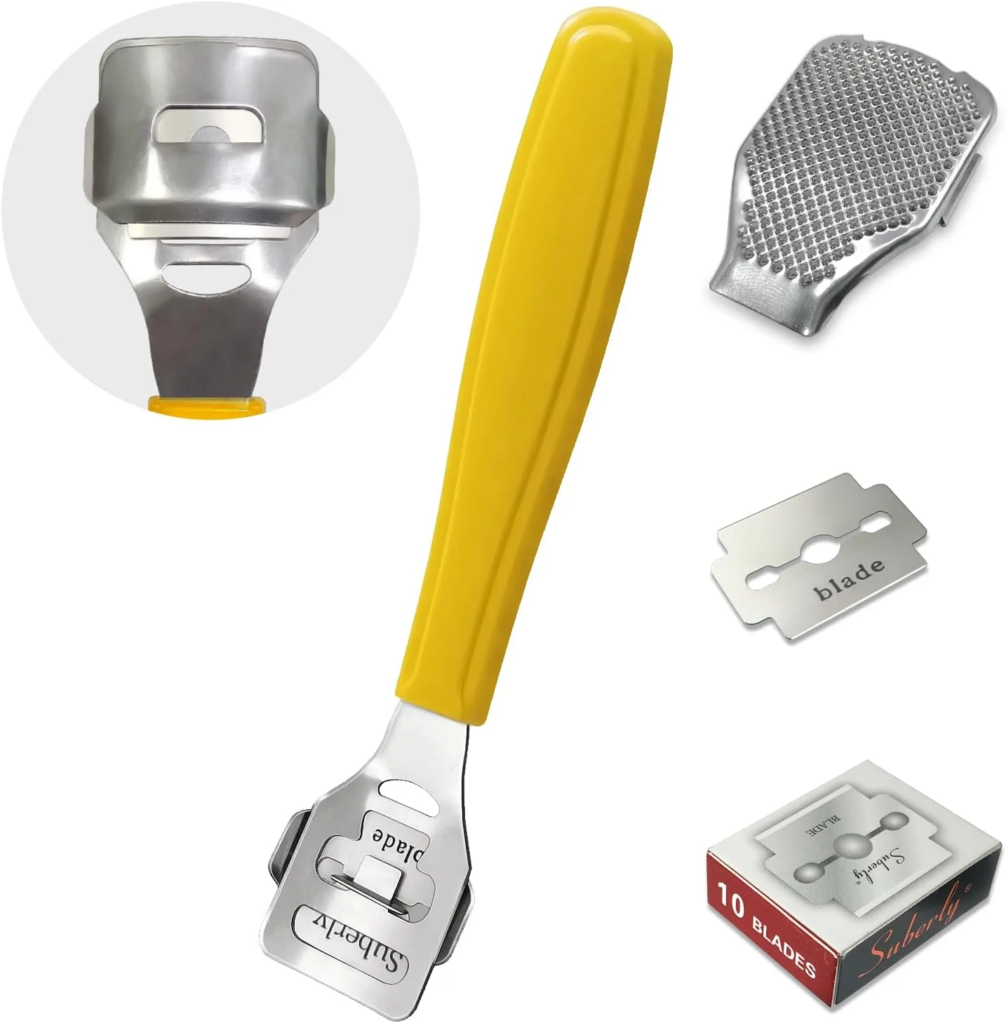 سوهان پا NZRAQK، از بین برنده پینه، رنده پای استیل ضد زنگ (10 تیغه یدکی و 1 سری سوهان پا)، ابزار حرفه ای مراقبت از پا برای پدیکور، جهت از بین بردن پینه های سخت - زرد