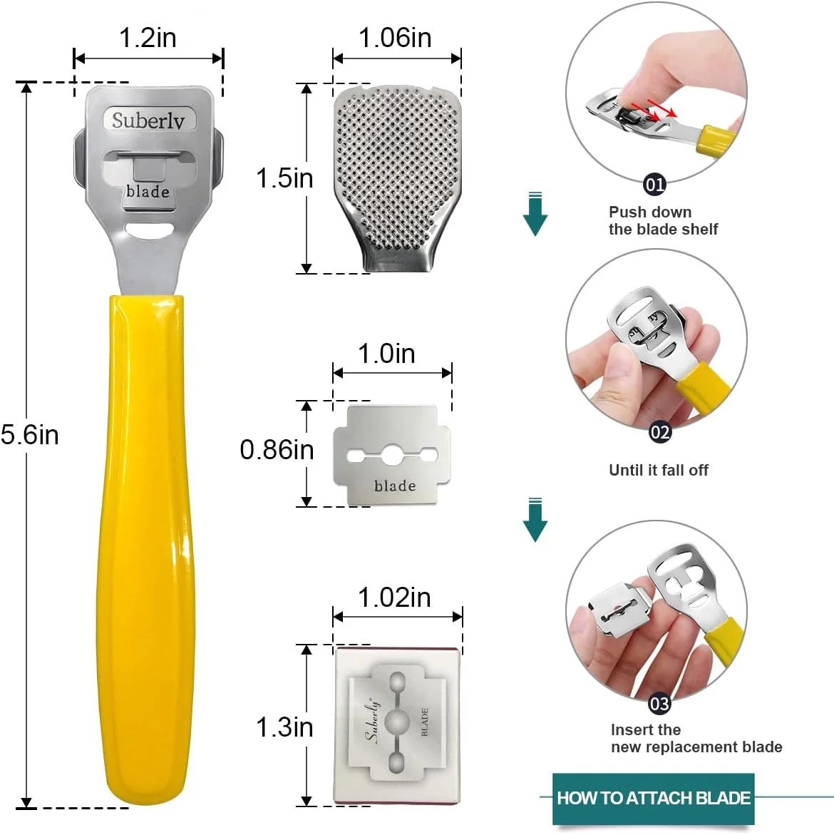 سوهان پا NZRAQK، از بین برنده پینه، رنده پای استیل ضد زنگ (10 تیغه یدکی و 1 سری سوهان پا)، ابزار حرفه ای مراقبت از پا برای پدیکور، جهت از بین بردن پینه های سخت - زرد