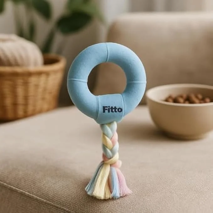 اسباب بازی طناب سگ فیتو با حلقه آبی 7x6.7 سانتی متر - اسباب بازی جویدنی و کشیدنی برای سگ های کوچک تا متوسط، تمیز کردن دندان توله سگ، بازی تعاملی