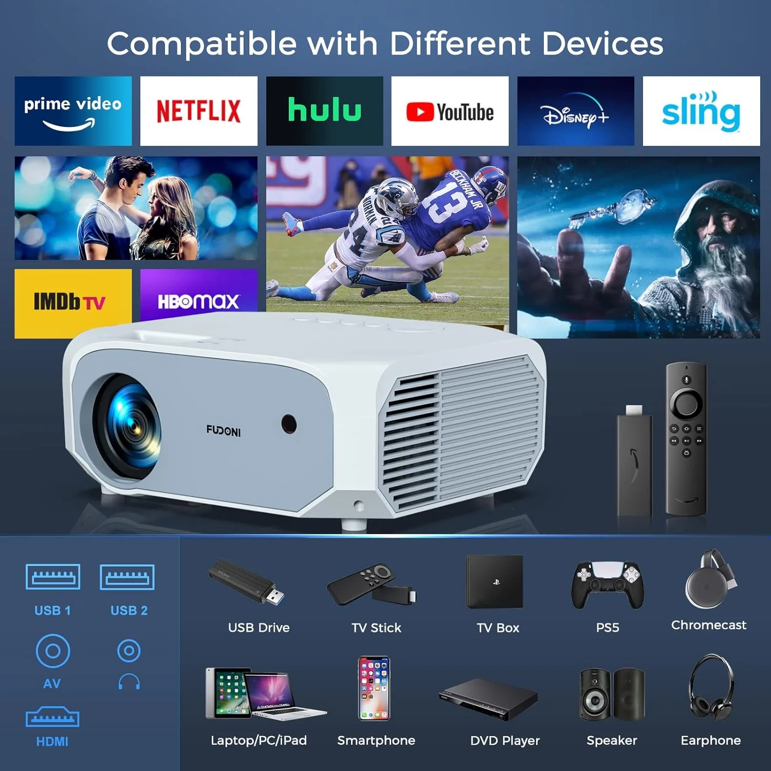 پروژکتور FUDONI با WiFi و بلوتوث، پروژکتور فیلم 1080P واقعی مناسب فضای باز با پشتیبانی از 4K، پروژکتور سینمای خانگی قابل حمل 15000 لومن حداکثر 300 اینچ، مناسب استفاده در فضای داخلی و خارجی، سفید پروژکتور FUDONI با WiFi و بلوتوث، پروژکتور فیلم 1080P واقعی مناسب فضای باز با پشتیبانی از 4K، پروژکتور سینمای خانگی قابل حمل 15000 لومن حداکثر 300 اینچ، مناسب استفاده در فضای داخلی و خارجی، سفید