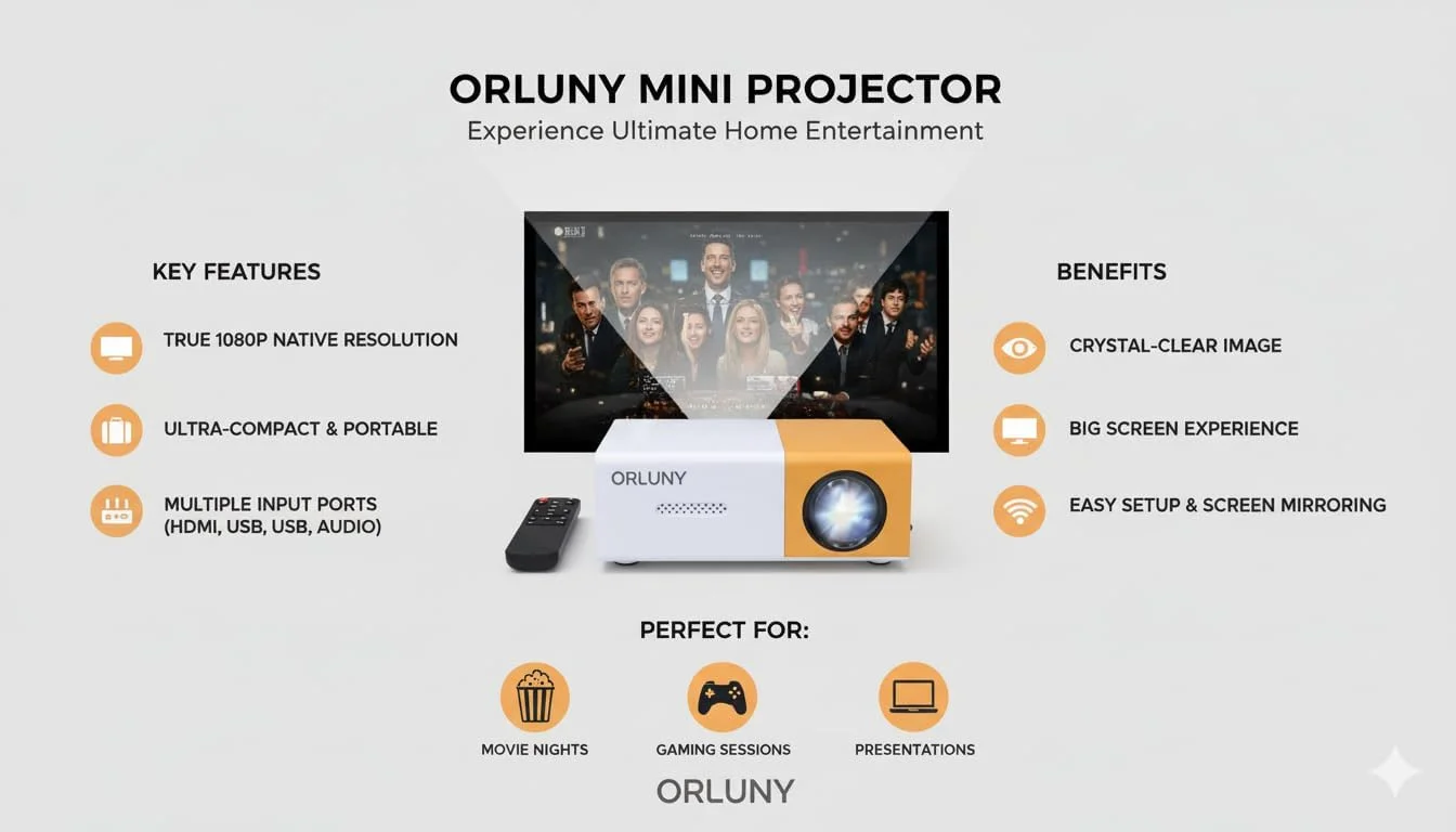 پروژکتور مینی ORLUNY، پروژکتور قابل حمل HD مناسب برای سینمای خانگی، سازگار با HDMI، USB، PS5، تی وی استیک، سوییچ، ایکس باکس - طراحی جمع و جور برای کودکان، اتاق خواب و شب های فیلم در فضای باز پروژکتور مینی ORLUNY، پروژکتور قابل حمل HD مناسب برای سینمای خانگی، سازگار با HDMI، USB، PS5، تی وی استیک، سوییچ، ایکس باکس - طراحی جمع و جور برای کودکان، اتاق خواب و شب های فیلم در فضای باز