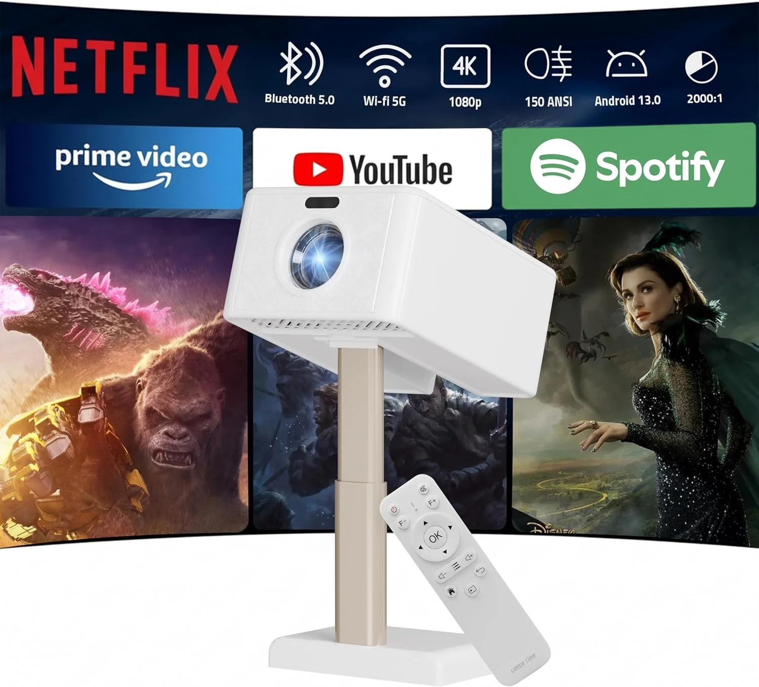 پروژکتور کهکشانی Green Lion GALAXY، پشتیبانی از 4K، اندازه صفحه نمایش 30 تا 100 اینچ، 150 ANSI، Wi-Fi 5G + بلوتوث V5.0، تصحیح خودکار Keystone، صدای فراگیر 3D، ارتفاع قابل تنظیم، چرخش 90 درجه - سفید پروژکتور کهکشانی Green Lion GALAXY، پشتیبانی از 4K، اندازه صفحه نمایش 30 تا 100 اینچ، 150 ANSI، Wi-Fi 5G + بلوتوث V5.0، تصحیح خودکار Keystone، صدای فراگیر 3D، ارتفاع قابل تنظیم، چرخش 90 درجه - سفید