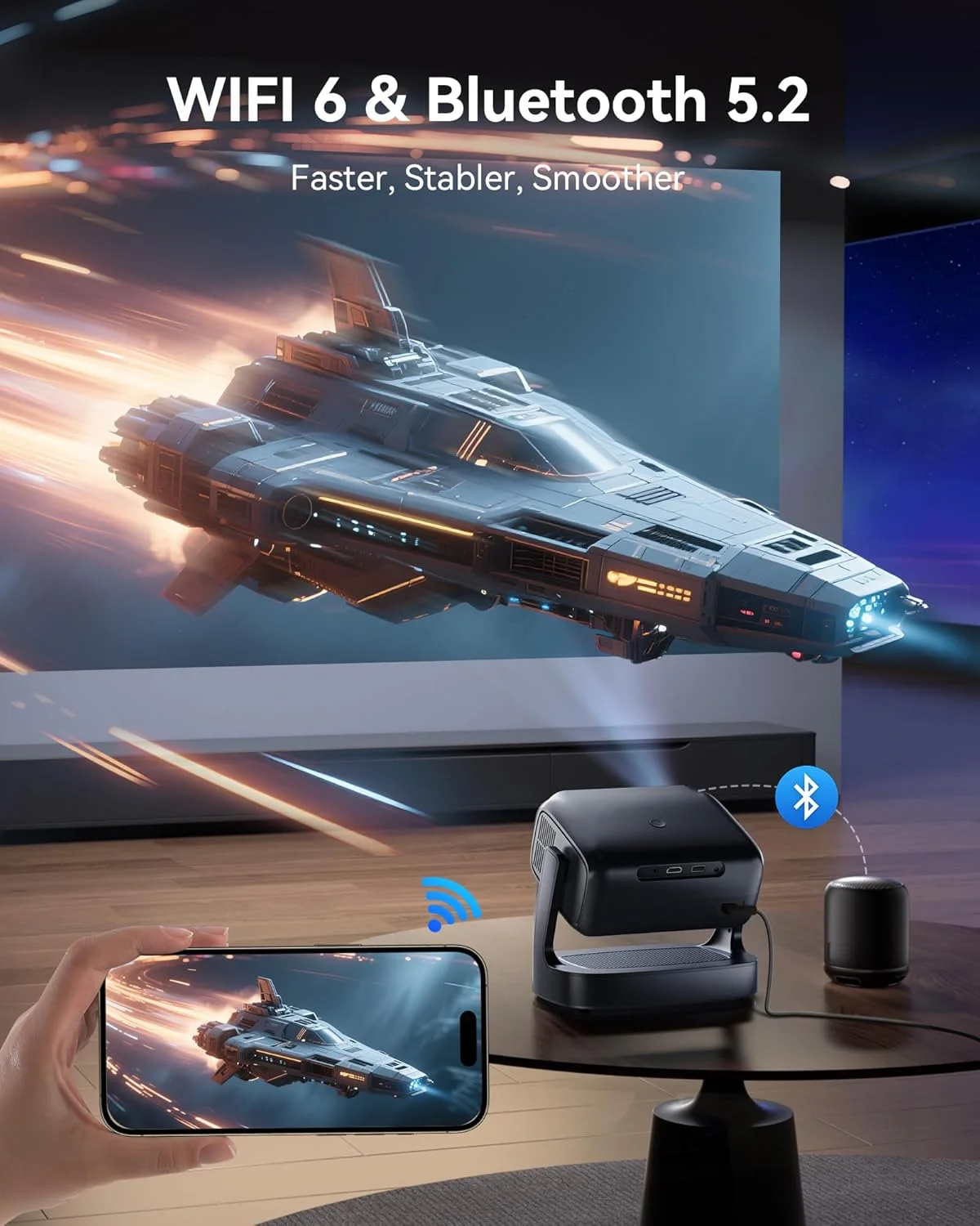 پروژکتور 4K با WiFi و بلوتوث، پروژکتور فیلم فضای باز 1800 ANSI با بیش از 10000 برنامه داخلی، پروژکتور هوشمند خانگی قابل حمل 1080P، کنترل صوتی و فوکوس خودکار/کیستون، بلندگوی دوگانه پروژکتور 4K با WiFi و بلوتوث، پروژکتور فیلم فضای باز 1800 ANSI با بیش از 10000 برنامه داخلی، پروژکتور هوشمند خانگی قابل حمل 1080P، کنترل صوتی و فوکوس خودکار/کیستون، بلندگوی دوگانه