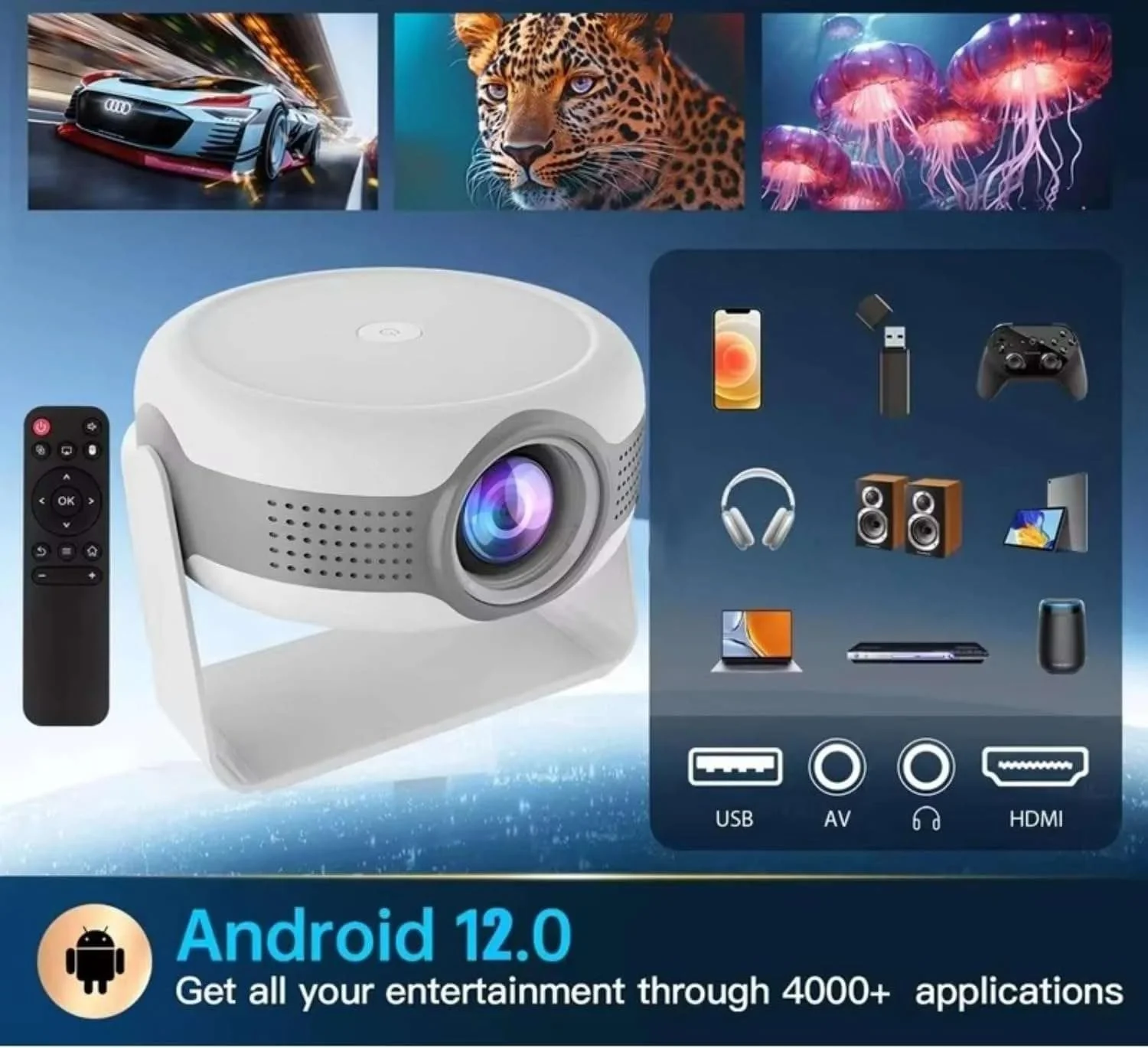پروژکتور قابل حمل Derovan T269 Pro با اندروید 12 – پشتیبانی از 4K، کیفیت اصلی 720P HD، چرخش 180 درجه ای تصویر، Wi-Fi و بلوتوث، صفحه نمایش 130 اینچی، پروژکتور سبک وزن مسافرتی پروژکتور قابل حمل Derovan T269 Pro با اندروید 12 – پشتیبانی از 4K، کیفیت اصلی 720P HD، چرخش 180 درجه ای تصویر، Wi-Fi و بلوتوث، صفحه نمایش 130 اینچی، پروژکتور سبک وزن مسافرتی