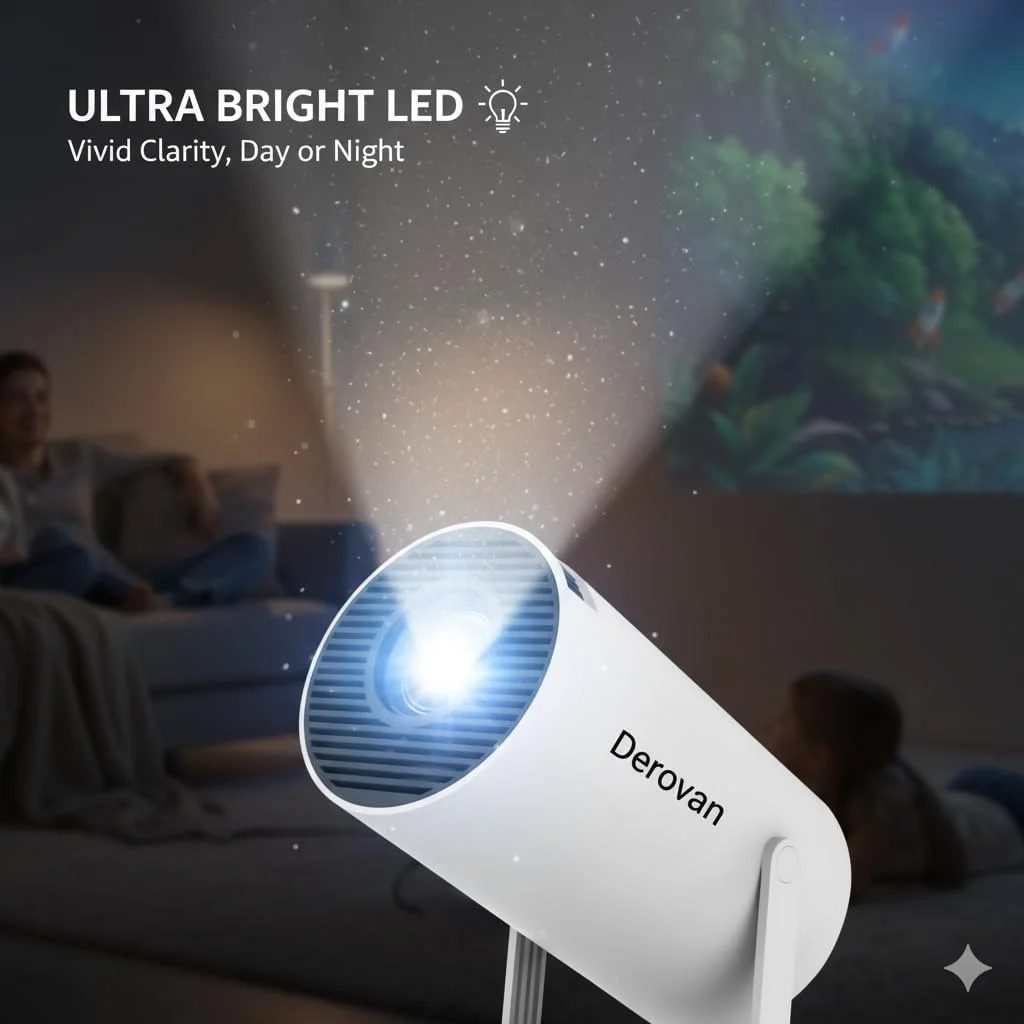 پروژکتور مینی قابل حمل Derovan – کیفیت Full HD 1080P و قابلیت پخش 4K، وایفای هوشمند و بیسیم، تصحیح خودکار کیستون، صفحه نمایش چرخان 180 درجه، اندازه تصویر قابل تنظیم پروژکتور مینی قابل حمل Derovan – کیفیت Full HD 1080P و قابلیت پخش 4K، وایفای هوشمند و بیسیم، تصحیح خودکار کیستون، صفحه نمایش چرخان 180 درجه، اندازه تصویر قابل تنظیم