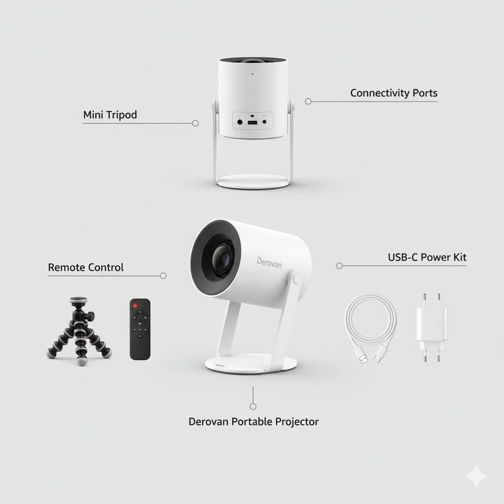 پروژکتور مینی قابل حمل Derovan – کیفیت Full HD 1080P و قابلیت پخش 4K، وایفای هوشمند و بیسیم، تصحیح خودکار کیستون، صفحه نمایش چرخان 180 درجه، اندازه تصویر قابل تنظیم پروژکتور مینی قابل حمل Derovan – کیفیت Full HD 1080P و قابلیت پخش 4K، وایفای هوشمند و بیسیم، تصحیح خودکار کیستون، صفحه نمایش چرخان 180 درجه، اندازه تصویر قابل تنظیم