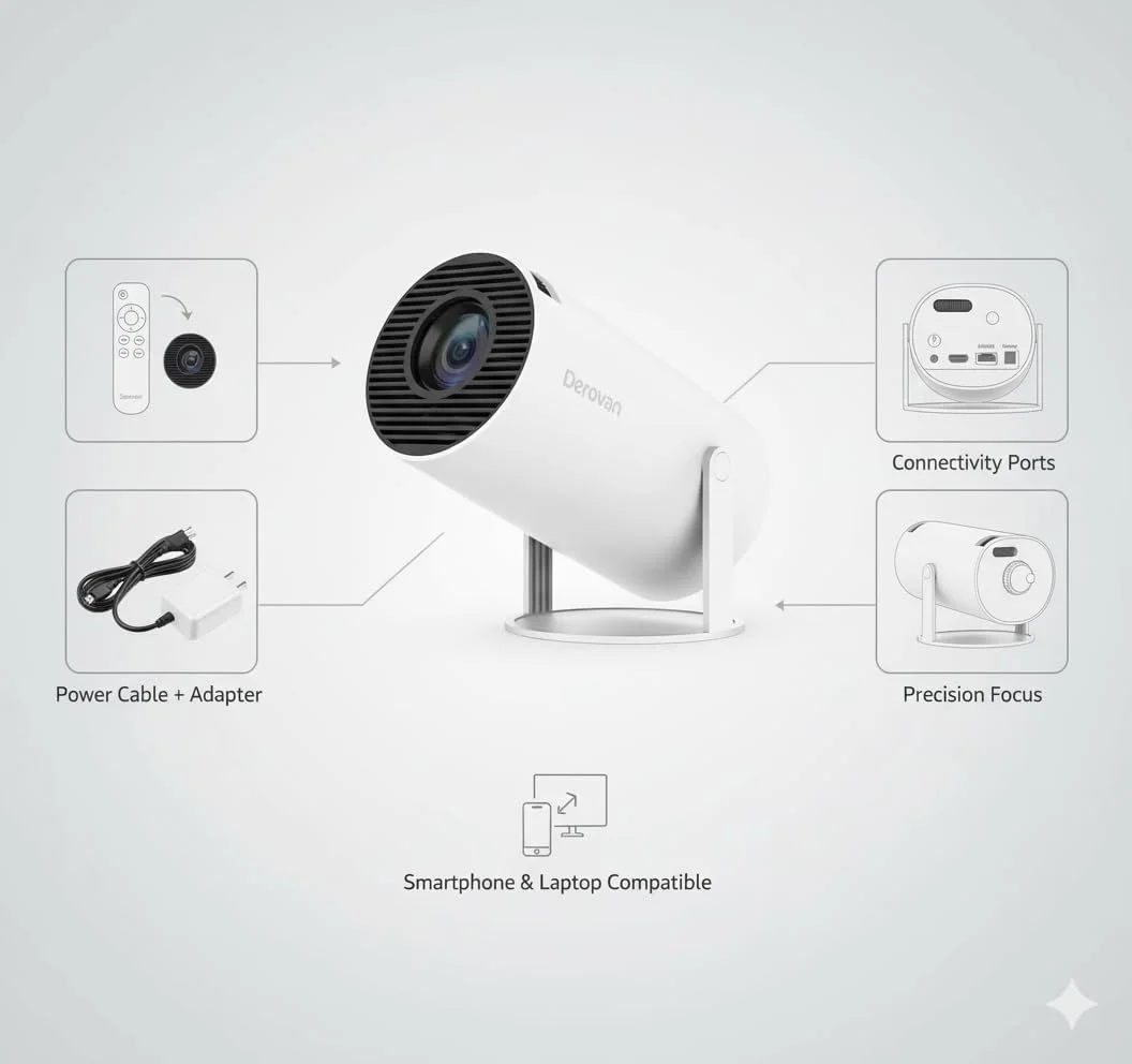 پروژکتور هوشمند کوچک Derovan - پشتیبانی از 4K و 1080P، اندروید 11 با Wi-Fi 6 و BT 5.0، تصحیح افقی خودکار، چرخش 180 درجه، پروژکتور فیلم قابل حمل برای فضای باز پروژکتور هوشمند کوچک Derovan - پشتیبانی از 4K و 1080P، اندروید 11 با Wi-Fi 6 و BT 5.0، تصحیح افقی خودکار، چرخش 180 درجه، پروژکتور فیلم قابل حمل برای فضای باز