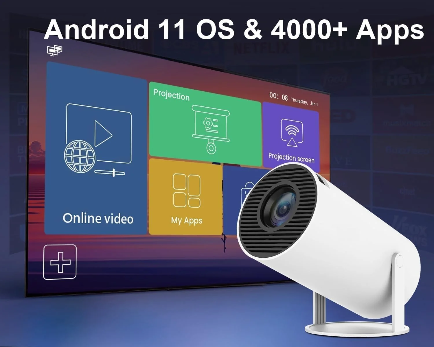 پروژکتور هوشمند مینی Dado با پشتیبانی از کیفیت 4K 1080P، پروژکتور قابل حمل WiFi 6 BT 5.0 اندروید 11، پروژکتور هوشمند با تصحیح افقی خودکار، پروژکتور فیلم 180 درجه قابل چرخش مناسب برای فضای باز سازگار با تلفن پروژکتور هوشمند مینی Dado با پشتیبانی از کیفیت 4K 1080P، پروژکتور قابل حمل WiFi 6 BT 5.0 اندروید 11، پروژکتور هوشمند با تصحیح افقی خودکار، پروژکتور فیلم 180 درجه قابل چرخش مناسب برای فضای باز سازگار با تلفن