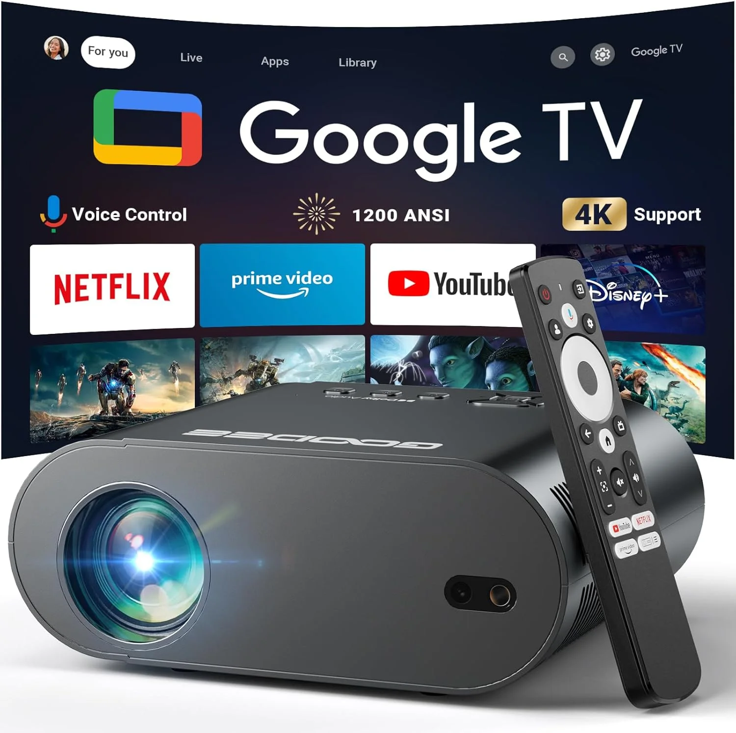 پروژکتور هوشمند 4K UHD GooDee با Google TV/کنترل صوتی، پروژکتور فیلم قابل حمل با WiFi و بلوتوث، دارای Netflix / Prime Video / YouTube داخلی، سینمای خانگی Dolby Sound برای داخل/خارج از منزل پروژکتور هوشمند 4K UHD GooDee با Google TV/کنترل صوتی، پروژکتور فیلم قابل حمل با WiFi و بلوتوث، دارای Netflix / Prime Video / YouTube داخلی، سینمای خانگی Dolby Sound برای داخل/خارج از منزل