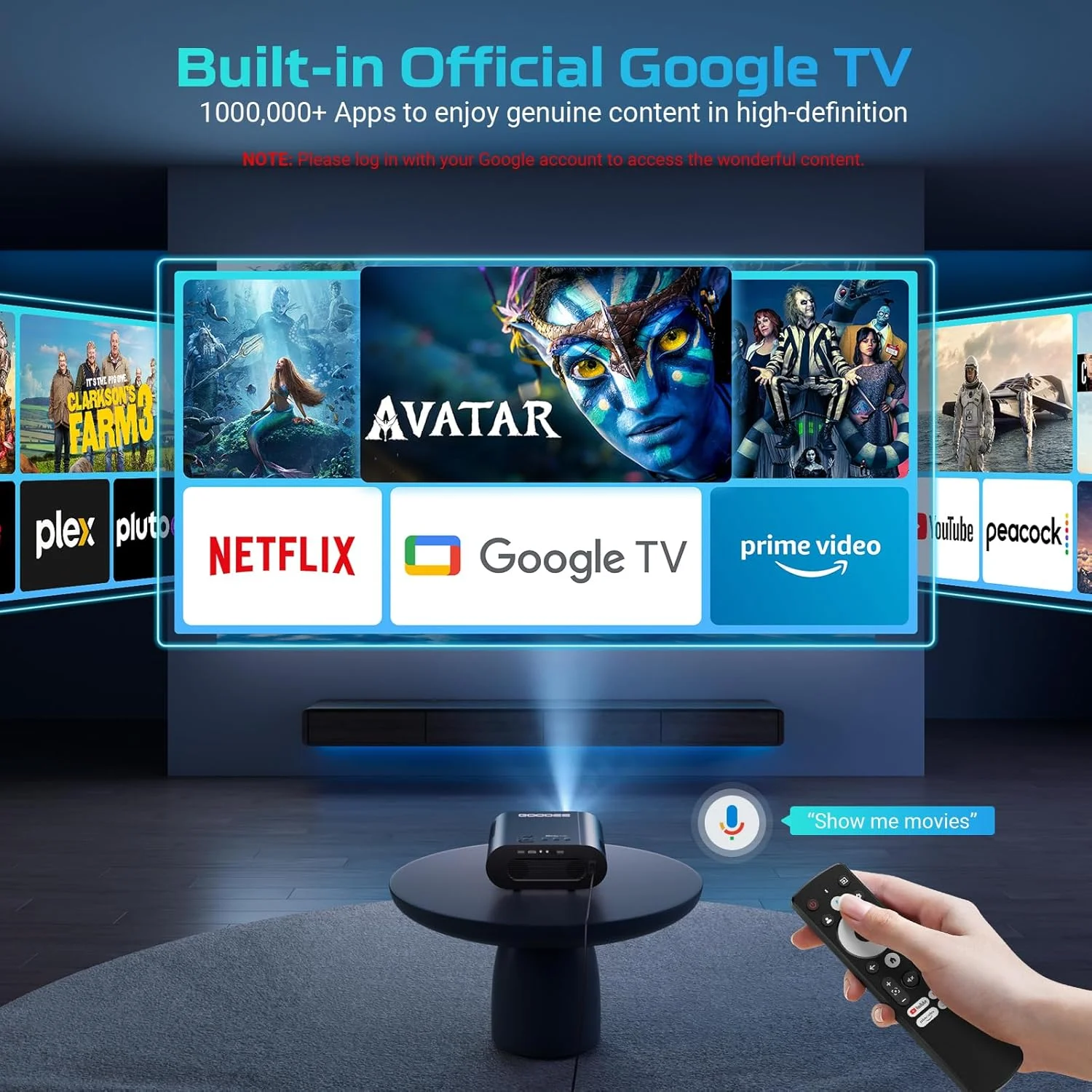 پروژکتور هوشمند 4K UHD GooDee با Google TV/کنترل صوتی، پروژکتور فیلم قابل حمل با WiFi و بلوتوث، دارای Netflix / Prime Video / YouTube داخلی، سینمای خانگی Dolby Sound برای داخل/خارج از منزل پروژکتور هوشمند 4K UHD GooDee با Google TV/کنترل صوتی، پروژکتور فیلم قابل حمل با WiFi و بلوتوث، دارای Netflix / Prime Video / YouTube داخلی، سینمای خانگی Dolby Sound برای داخل/خارج از منزل