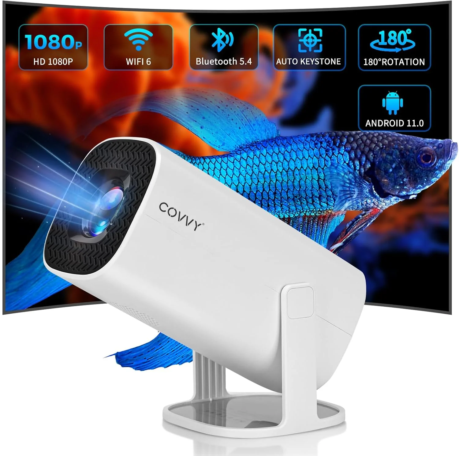 پروژکتور مینی COVVY، پروژکتور قابل حمل با وای فای 6، BT 5.4 و اندروید 11.0، تصحیح خودکار کیستون، پروژکتور سینمای خانگی هوشمند با قابلیت چرخش 180 درجه برای تلفن/دانگل تلویزیون/لپ تاپ پروژکتور مینی COVVY، پروژکتور قابل حمل با وای فای 6، BT 5.4 و اندروید 11.0، تصحیح خودکار کیستون، پروژکتور سینمای خانگی هوشمند با قابلیت چرخش 180 درجه برای تلفن/دانگل تلویزیون/لپ تاپ