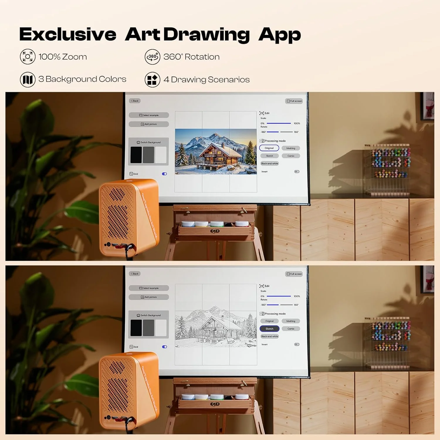 پروژکتور هنری Caydo P1 با اپلیکیشن طراحی اختصاصی برای هنرمندان، پروژکتور LED قابل حمل با فوکوس خودکار و کیستون برای طراحی و ردیابی، پشتیبانی از 4K، نمایشگر 100 اینچی، سازگار با iOS/Android