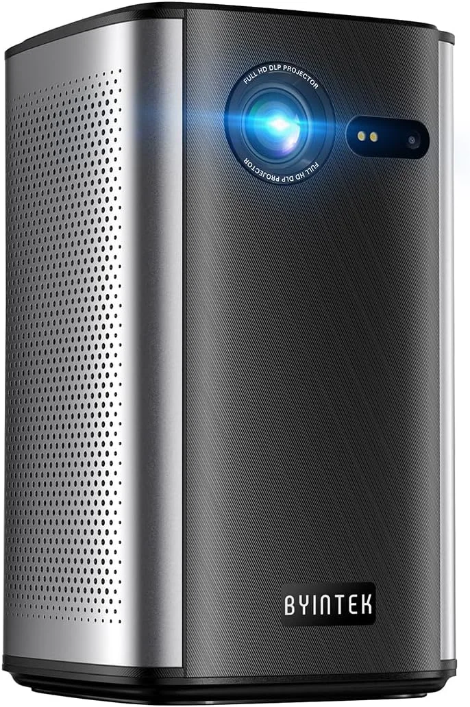 پروژکتور هوشمند وای فای BYINTEK P70 DLP 3D 4K اندروید، پروژکتور وای فای هوشمند، باتری 8000 میلی آمپر ساعتی، فوکوس خودکار، اندروید 9.0، پشتیبانی از 3D، نمایشگر وای فای، نمایشگر همگام سازی سیمی، به همراه سه پایه و کیف نگهداری