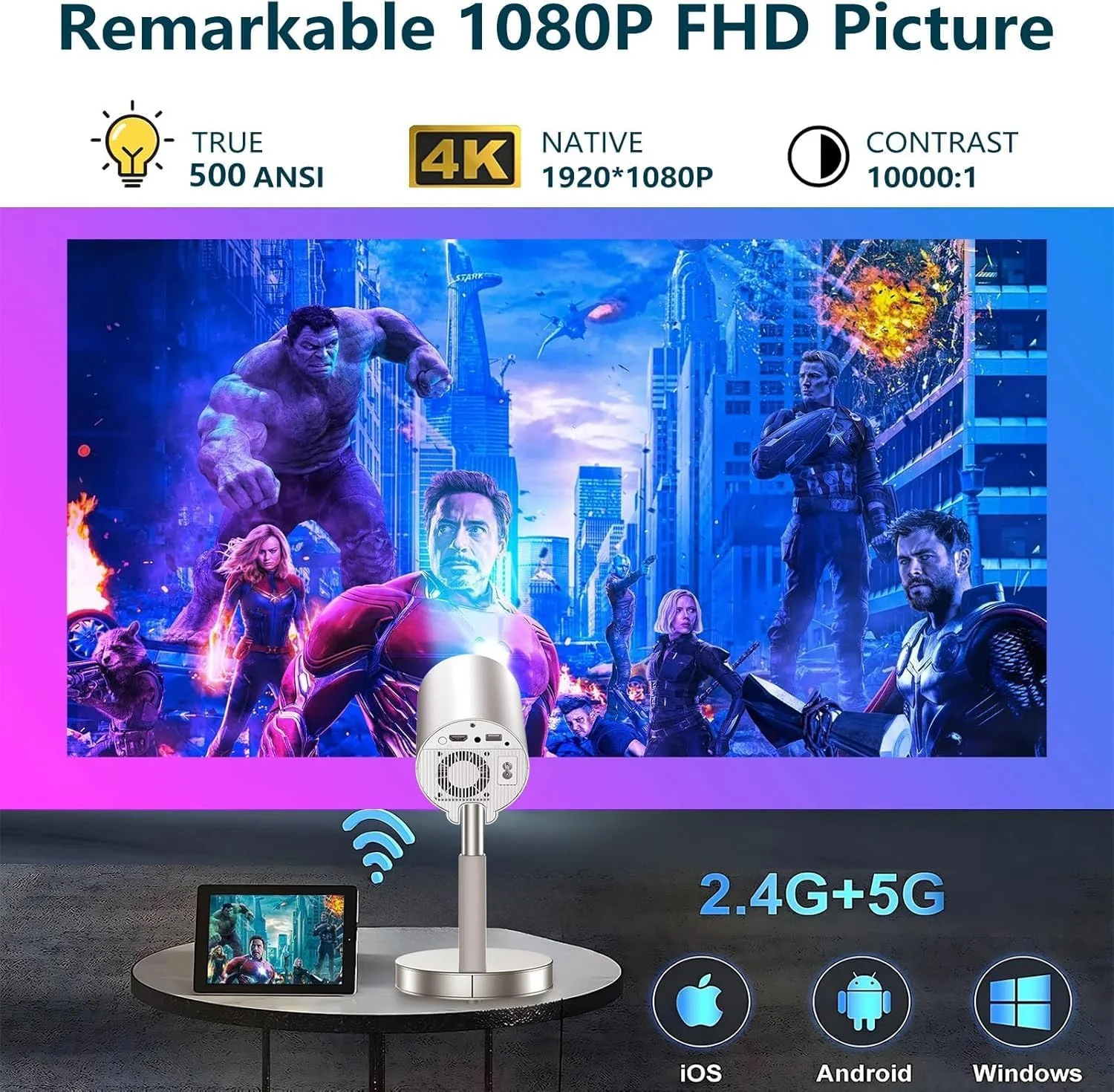 پروژکتور 4K Cangm-Store با WiFi و بلوتوث، پروژکتور قابل حمل با پشتیبانی از 1080P 4K، دارای پایه تاشو با قابلیت تنظیم ارتفاع 90 درجه، مناسب برای سینمای خانگی، پشتیبانی از HDMI، USB، PC، TV Box پروژکتور 4K Cangm-Store با WiFi و بلوتوث، پروژکتور قابل حمل با پشتیبانی از 1080P 4K، دارای پایه تاشو با قابلیت تنظیم ارتفاع 90 درجه، مناسب برای سینمای خانگی، پشتیبانی از HDMI، USB، PC، TV Box
