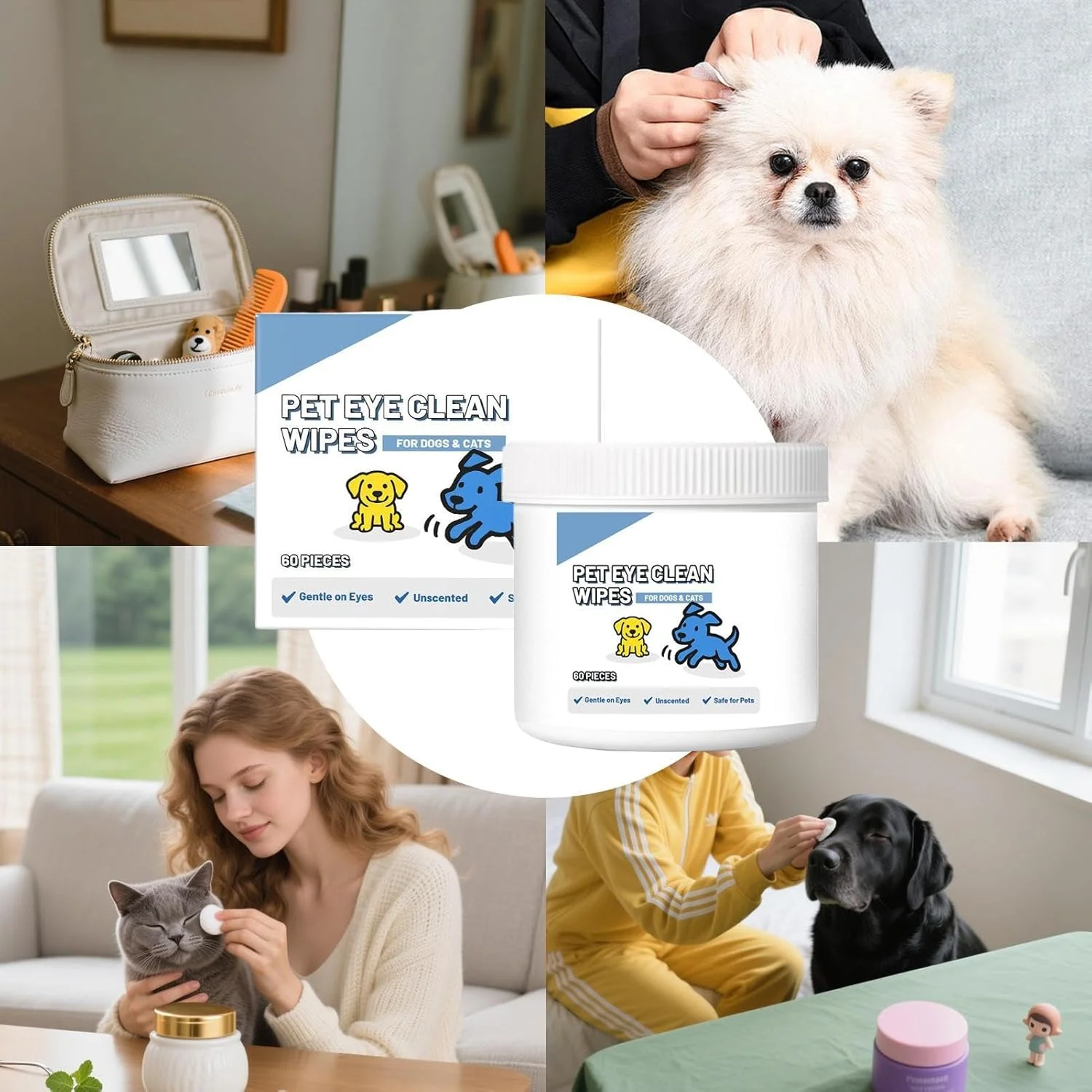 Dog Eye Wipes | Tear Stain Cleaner for Pet | Gentle Pet Tear Stain Wipes for Cats Travel Bathing Veterinary Home Use Outdoors Indoors