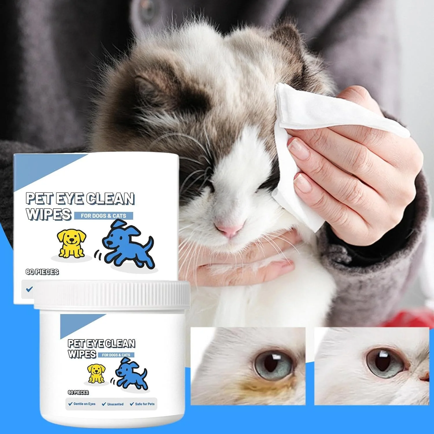 دستمال مرطوب پاک کننده چشم سگ | پاک کننده ترشحات اشک برای حیوانات خانگی | دستمال مرطوب ملایم برای رفع لک اشک حیوانات خانگی، مناسب سگ و گربه، قابل استفاده در حمام، منزل، سفر و فضای باز، توصیه شده توسط دامپزشکان