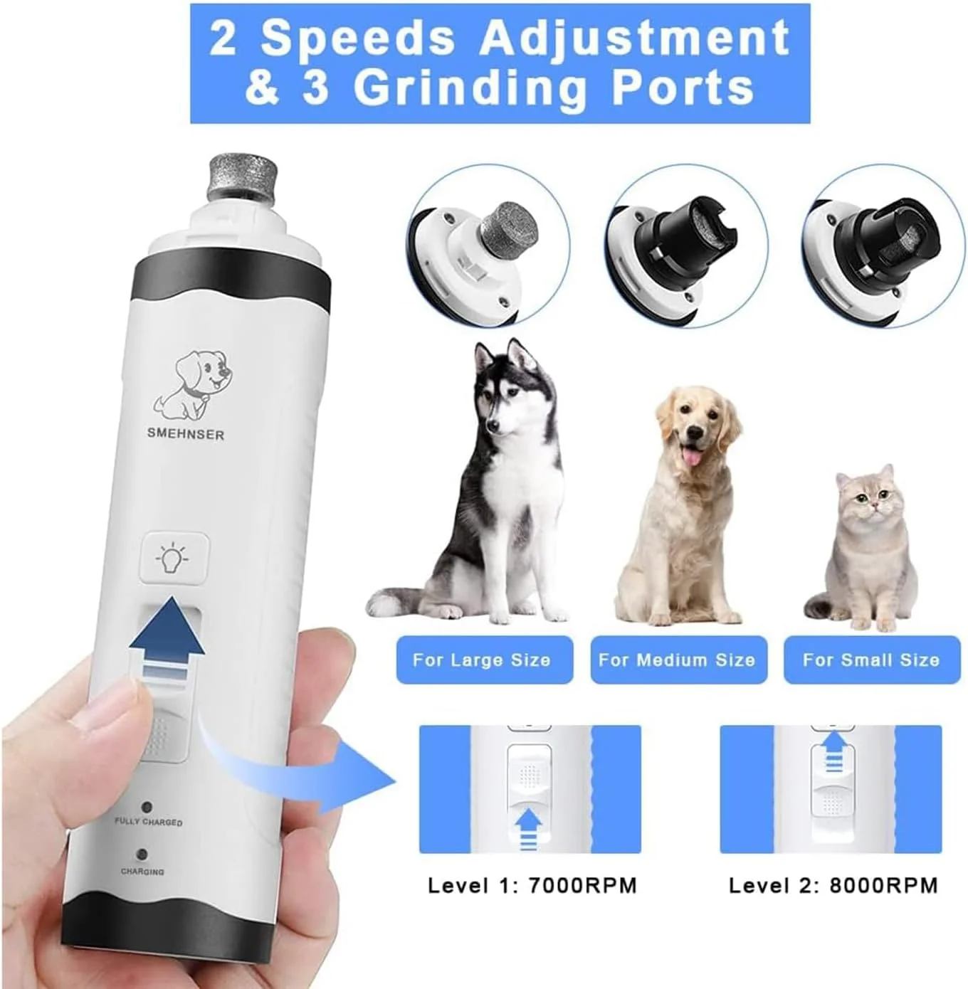 سوهان ناخن سگ X spring، سوهان برقی دو سرعته، ابزار صاف و مرتب کننده، ناخن گیر حیوانات خانگی حرفه ای برای توله سگ و بچه گربه کوچک، متوسط و بزرگ