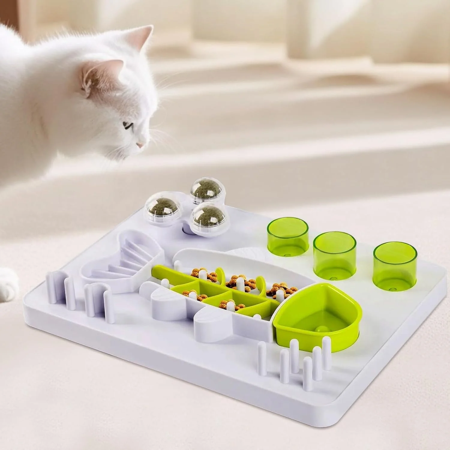 ظرف غذای سگ با قابلیت تغذیه آهسته | ظرف غذای آهسته سگ طرح ماهی | با 3 توپ چرخان گیاه گربه ای، پایه ضد لغزش، اسباب بازی تشویقی برای رفع بی حوصلگی توله سگ، بچه گربه و گربه، مناسب سفر و فضای باز