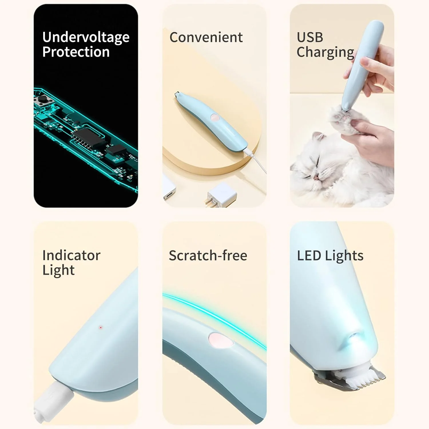 ماشین اصلاح موی حیوانات خانگی با چراغ های LED، ماشین اصلاح برقی و بی سیم USB برای سگ ها و گربه های کوچک، کم صدا، طراحی انسانی، ماشین اصلاح کاربردی