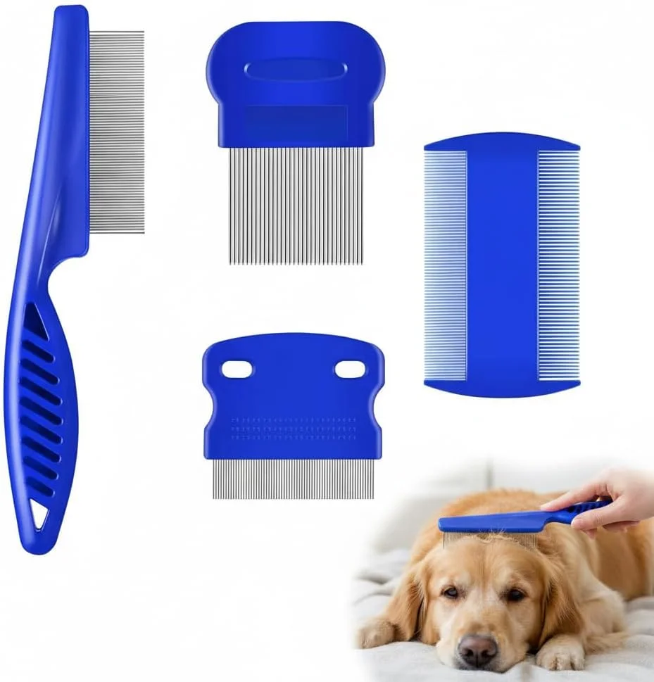 ست 4 عددی شانه کک و شپش، شانه های نظافت سگ و گربه استیل ضد زنگ با دندانه های گرد، ابزار حرفه ای دو طرفه برای از بین بردن لکه های اشک حیوانات خانگی، ابزار حذف شوره سر برای حیوانات خانگی کوچک، متوسط و بزرگ (آبی) ست 4 عددی شانه کک و شپش، شانه های نظافت سگ و گربه استیل ضد زنگ با دندانه های گرد، ابزار حرفه ای دو طرفه برای از بین بردن لکه های اشک حیوانات خانگی، ابزار حذف شوره سر برای حیوانات خانگی کوچک، متوسط و بزرگ (آبی)