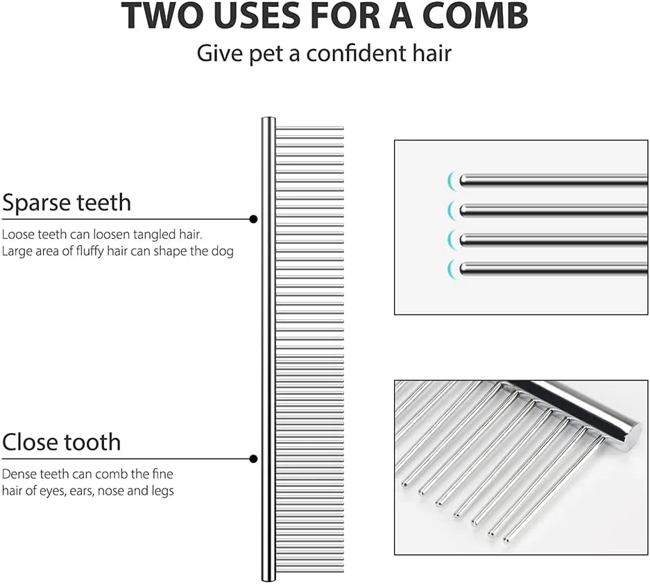 ست 2 عددی شانه سگ و گربه استیل ضد زنگ، آرایش حرفه ای با سرهای گرد، از بین برنده کک، گره و موهای درهم پیچیده، مناسب برای حیوانات خانگی با موهای بلند یا کوتاه، شانه ملایم و راحت