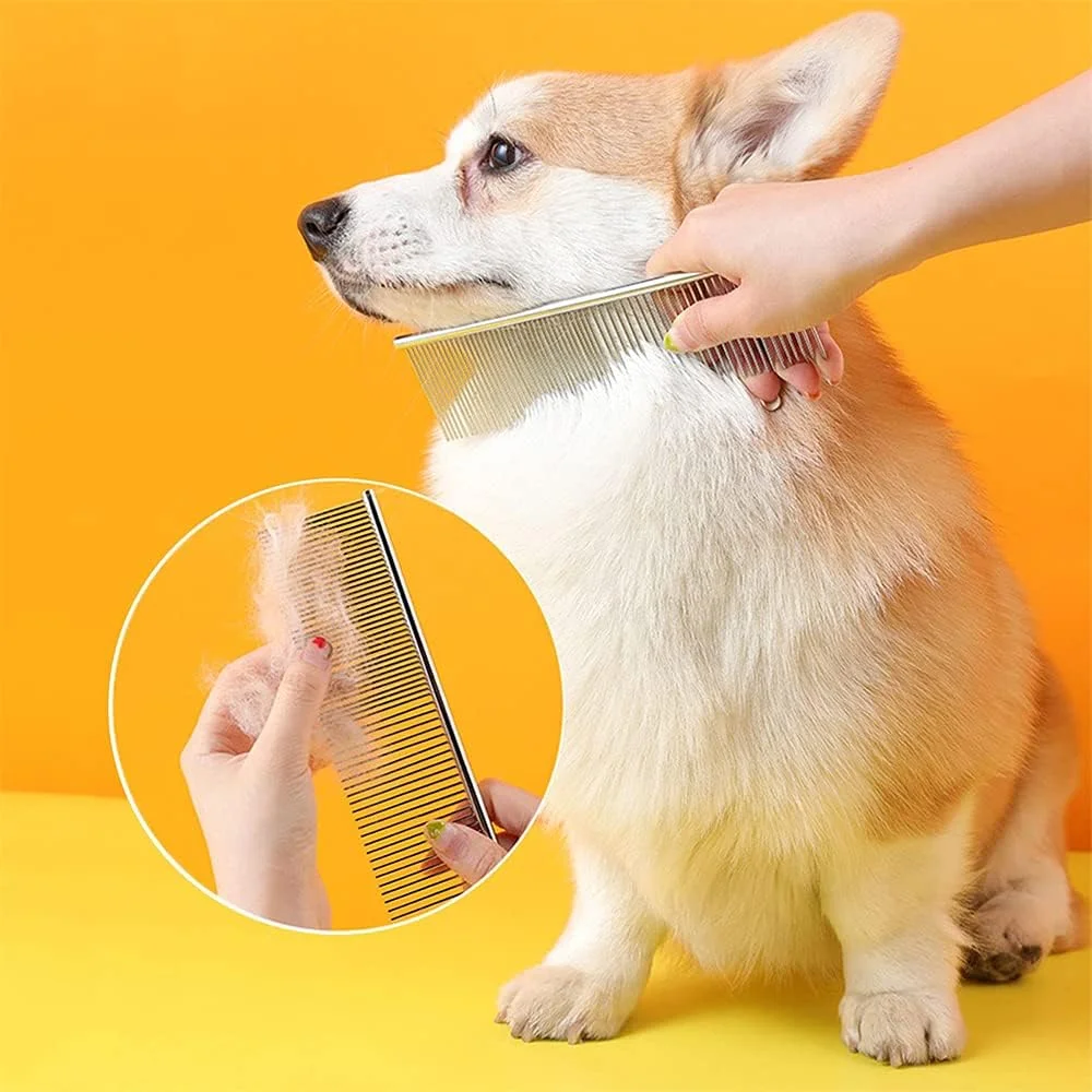 ست 2 عددی شانه سگ و گربه استیل ضد زنگ، آرایش حرفه ای با سرهای گرد، از بین برنده کک، گره و موهای درهم پیچیده، مناسب برای حیوانات خانگی با موهای بلند یا کوتاه، شانه ملایم و راحت