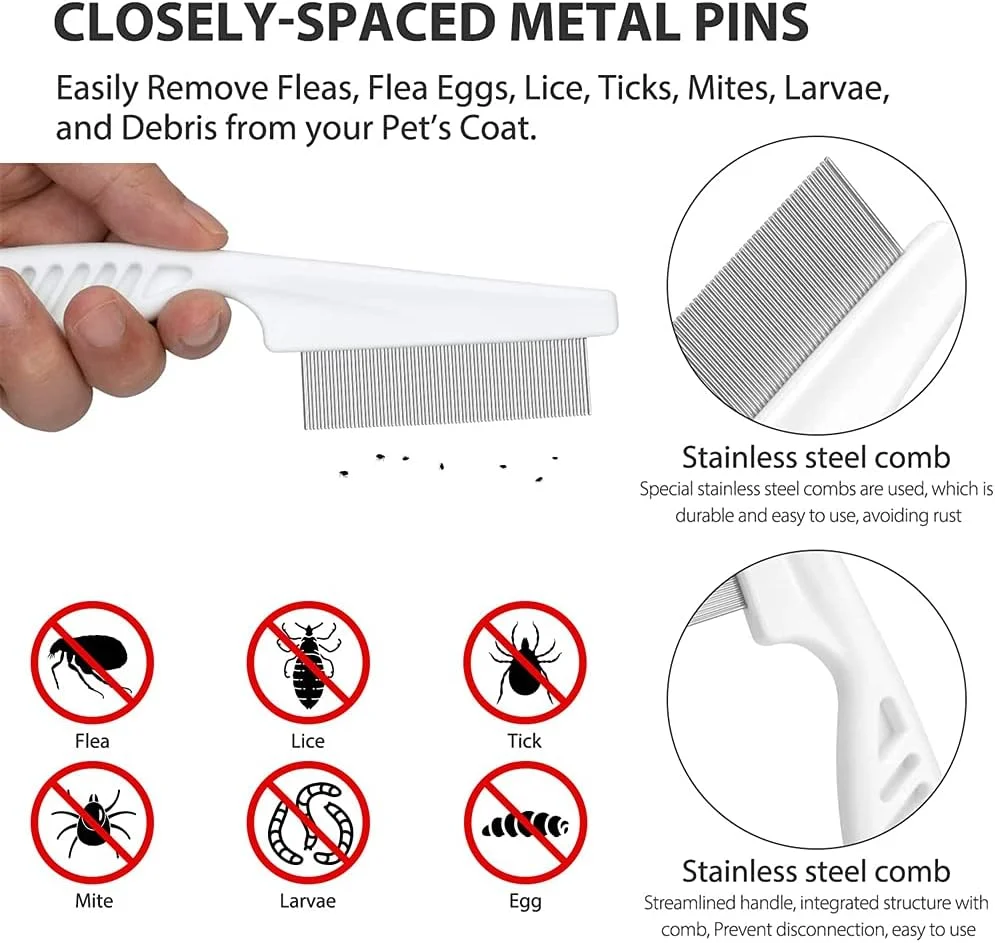 ست 2 عددی شانه سگ و گربه استیل ضد زنگ، آرایش حرفه ای با سرهای گرد، از بین برنده کک، گره و موهای درهم پیچیده، مناسب برای حیوانات خانگی با موهای بلند یا کوتاه، شانه ملایم و راحت