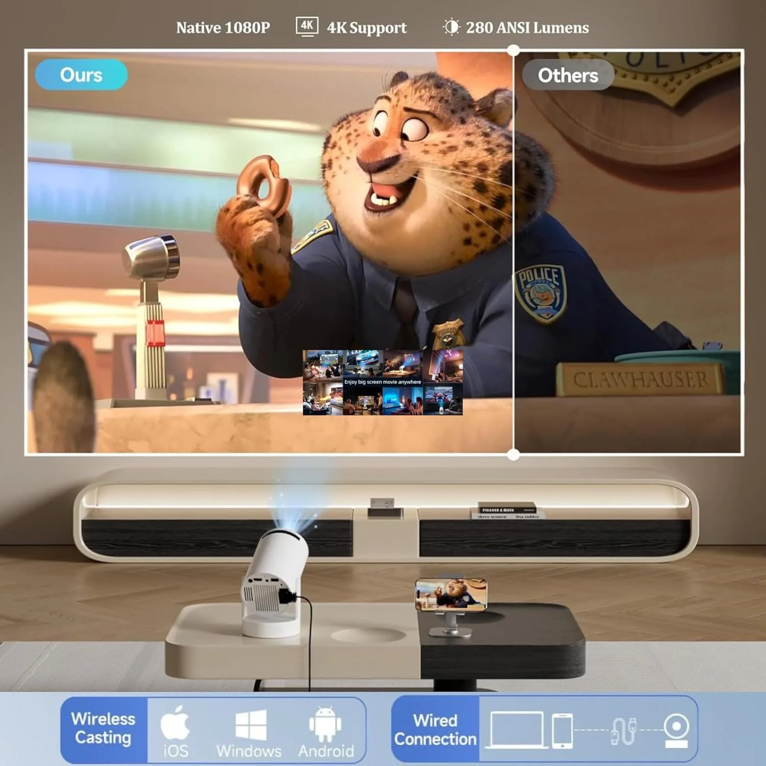 پروژکتور مینی قابل حمل VUITTOX با WiFi 6 و بلوتوث 5.0، پشتیبانی از 4K 1080P، 280 ANSI، Auto Keystone، Android/iOS/USB/HDMI برای اتاق خواب، خانه و فضای باز پروژکتور مینی قابل حمل VUITTOX با WiFi 6 و بلوتوث 5.0، پشتیبانی از 4K 1080P، 280 ANSI، Auto Keystone، Android/iOS/USB/HDMI برای اتاق خواب، خانه و فضای باز