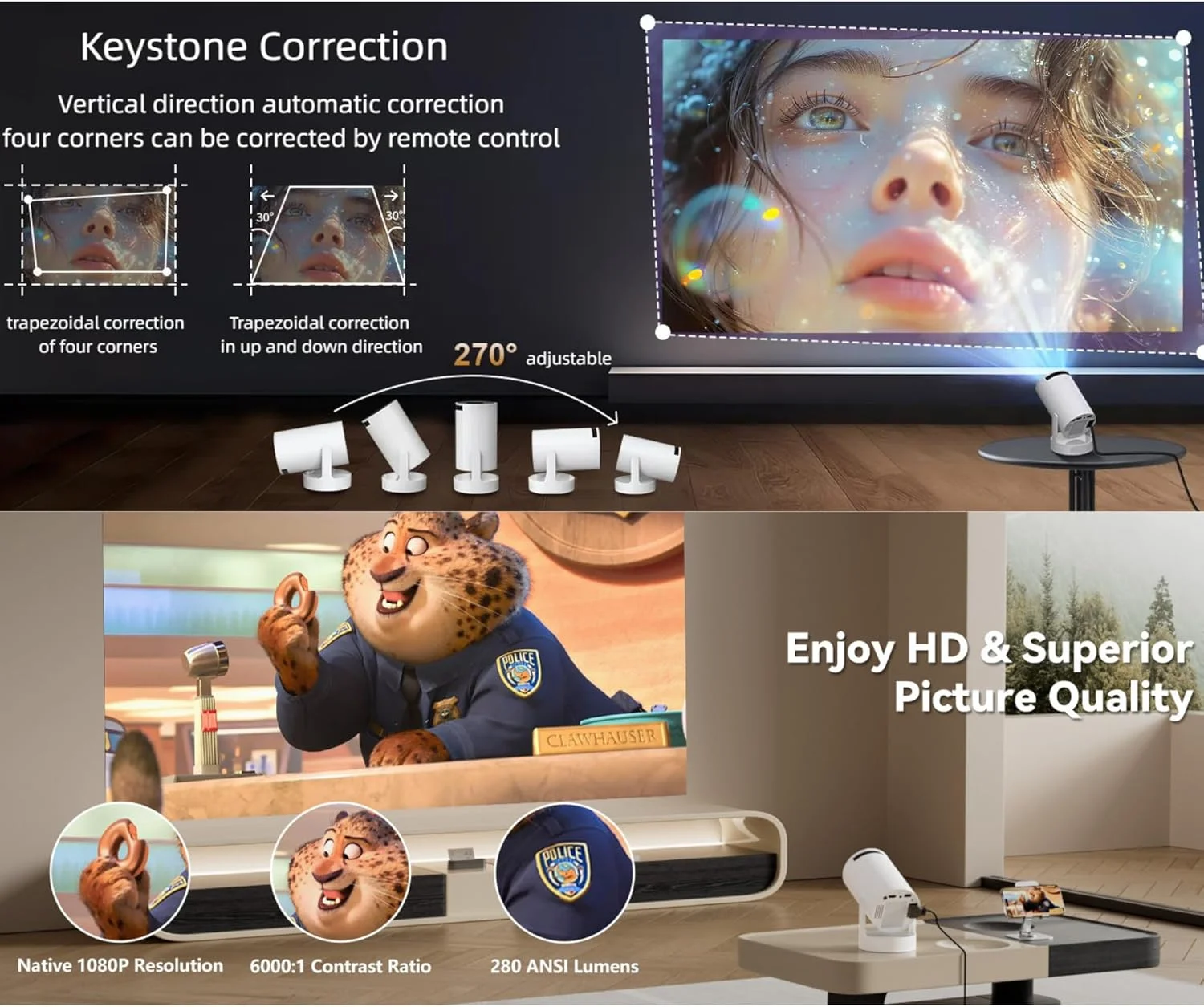 پروژکتور مینی قابل حمل VUITTOX با WiFi 6 و بلوتوث 5.0، پشتیبانی از 4K 1080P، 280 ANSI، Auto Keystone، Android/iOS/USB/HDMI برای اتاق خواب، خانه و فضای باز پروژکتور مینی قابل حمل VUITTOX با WiFi 6 و بلوتوث 5.0، پشتیبانی از 4K 1080P، 280 ANSI، Auto Keystone، Android/iOS/USB/HDMI برای اتاق خواب، خانه و فضای باز