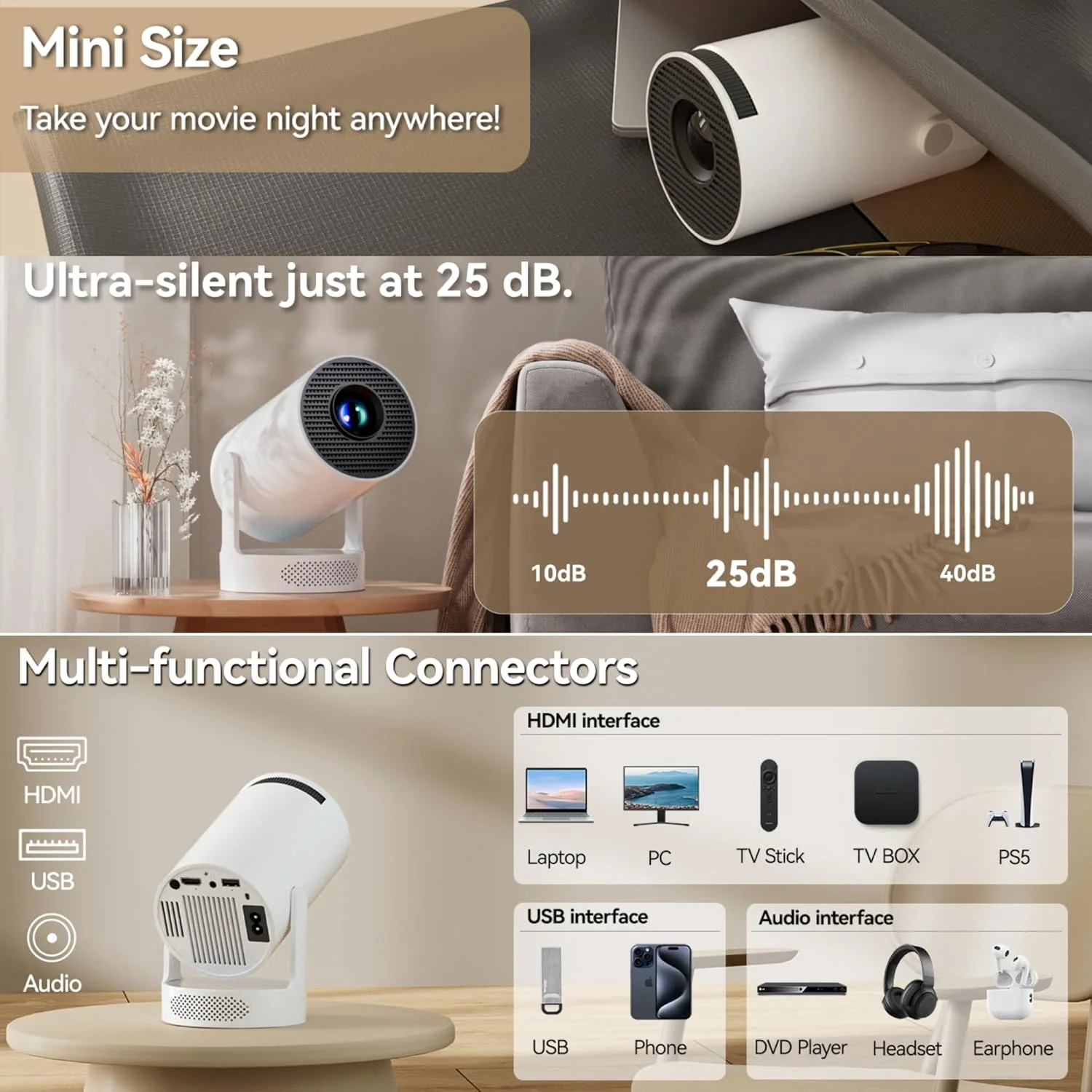 پروژکتور مینی قابل حمل VUITTOX با WiFi 6 و بلوتوث 5.0، پشتیبانی از 4K 1080P، 280 ANSI، Auto Keystone، Android/iOS/USB/HDMI برای اتاق خواب، خانه و فضای باز پروژکتور مینی قابل حمل VUITTOX با WiFi 6 و بلوتوث 5.0، پشتیبانی از 4K 1080P، 280 ANSI، Auto Keystone، Android/iOS/USB/HDMI برای اتاق خواب، خانه و فضای باز