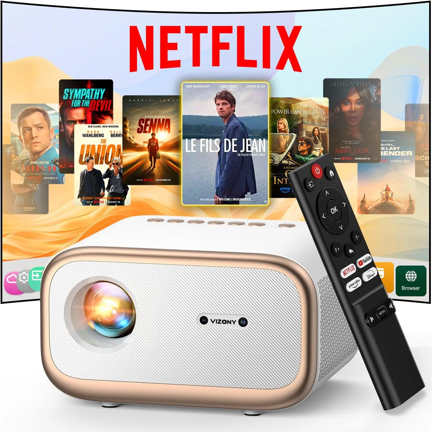 پروژکتور کوچک ویزونی با WiFi و بلوتوث دو طرفه، کیفیت اصلی 1080P، 4K، زوم 50٪، 4P4D، مهر و موم کامل، قابل حمل 450ANSI، طلایی و سفید، HDMI، USB، جک 3.5 میلی متری، فوکوس خودکار پروژکتور کوچک ویزونی با WiFi و بلوتوث دو طرفه، کیفیت اصلی 1080P، 4K، زوم 50٪، 4P4D، مهر و موم کامل، قابل حمل 450ANSI، طلایی و سفید، HDMI، USB، جک 3.5 میلی متری، فوکوس خودکار