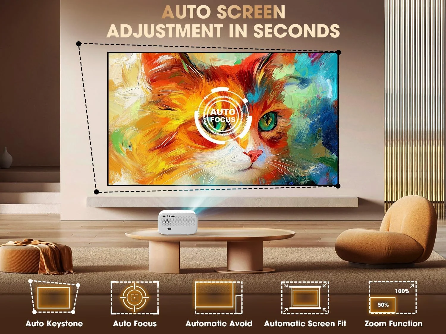 پروژکتور کوچک ویزونی با WiFi و بلوتوث دو طرفه، کیفیت اصلی 1080P، 4K، زوم 50٪، 4P4D، مهر و موم کامل، قابل حمل 450ANSI، طلایی و سفید، HDMI، USB، جک 3.5 میلی متری، فوکوس خودکار پروژکتور کوچک ویزونی با WiFi و بلوتوث دو طرفه، کیفیت اصلی 1080P، 4K، زوم 50٪، 4P4D، مهر و موم کامل، قابل حمل 450ANSI، طلایی و سفید، HDMI، USB، جک 3.5 میلی متری، فوکوس خودکار