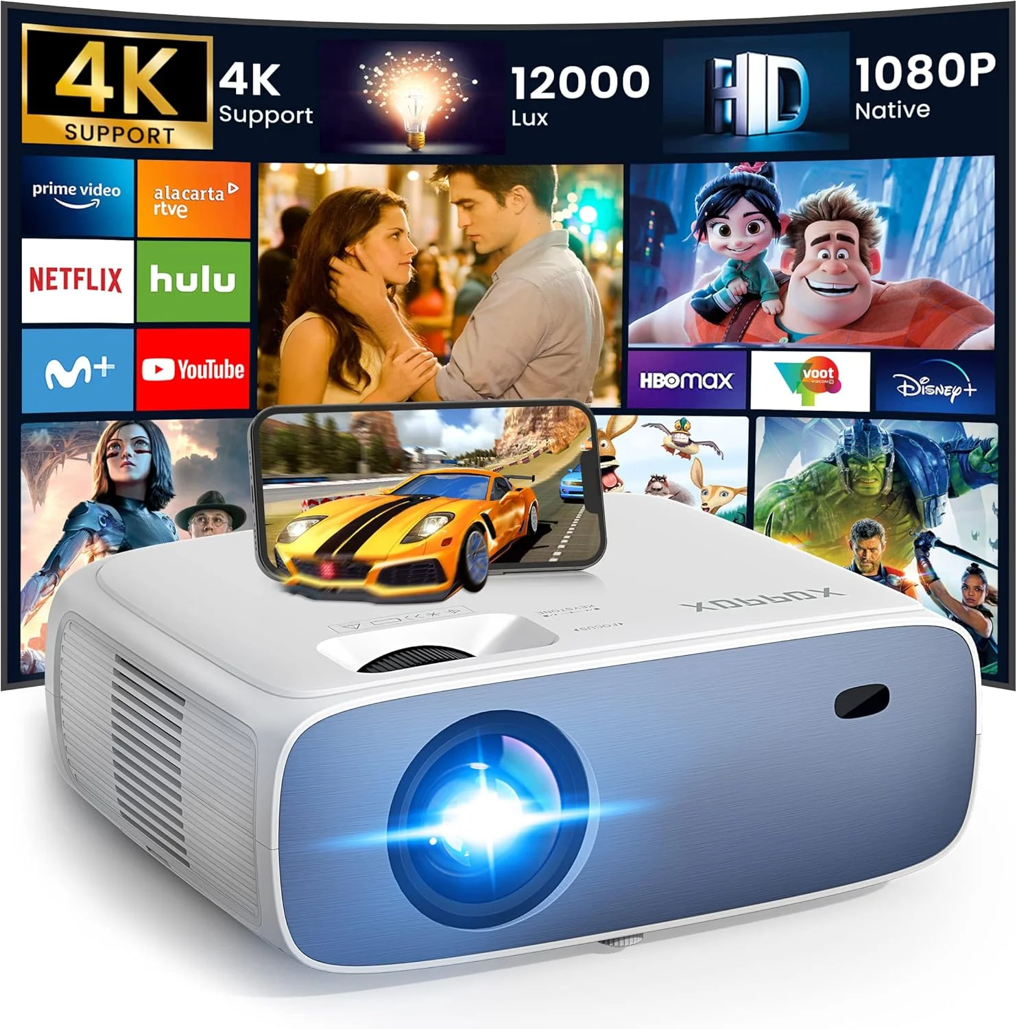 پروژکتور فضای باز XOPPOX HD 1080P، پروژکتور خانگی قابل حمل 300ANSI، پروژکتور مینی قابل حمل با کیفیت اصلی 1080P سازگار با HDMI، USB، لپ تاپ، تلفن های هوشمند iOS و Android