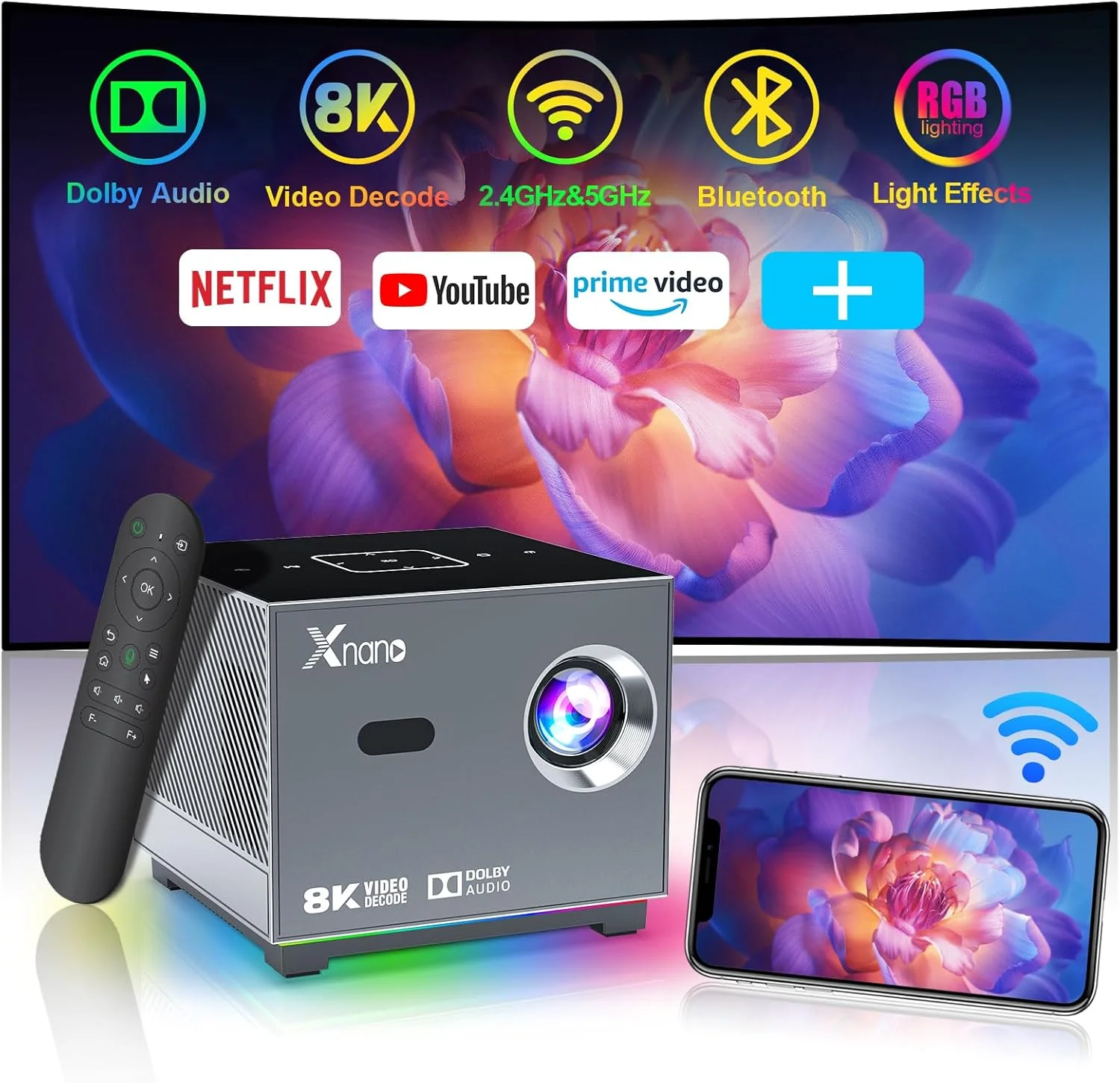 پروژکتور مینی XNANO [پشتیبانی از رمزگشایی ویدیو 8K/4K و فوکوس الکتریکی] با WiFi 5G و بلوتوث، پروژکتور فیلم هوشمند قابل حمل برای iOS/Android/TV Stick با نورپردازی LED، دارای برنامه های بیشتر داخلی - خاکستری