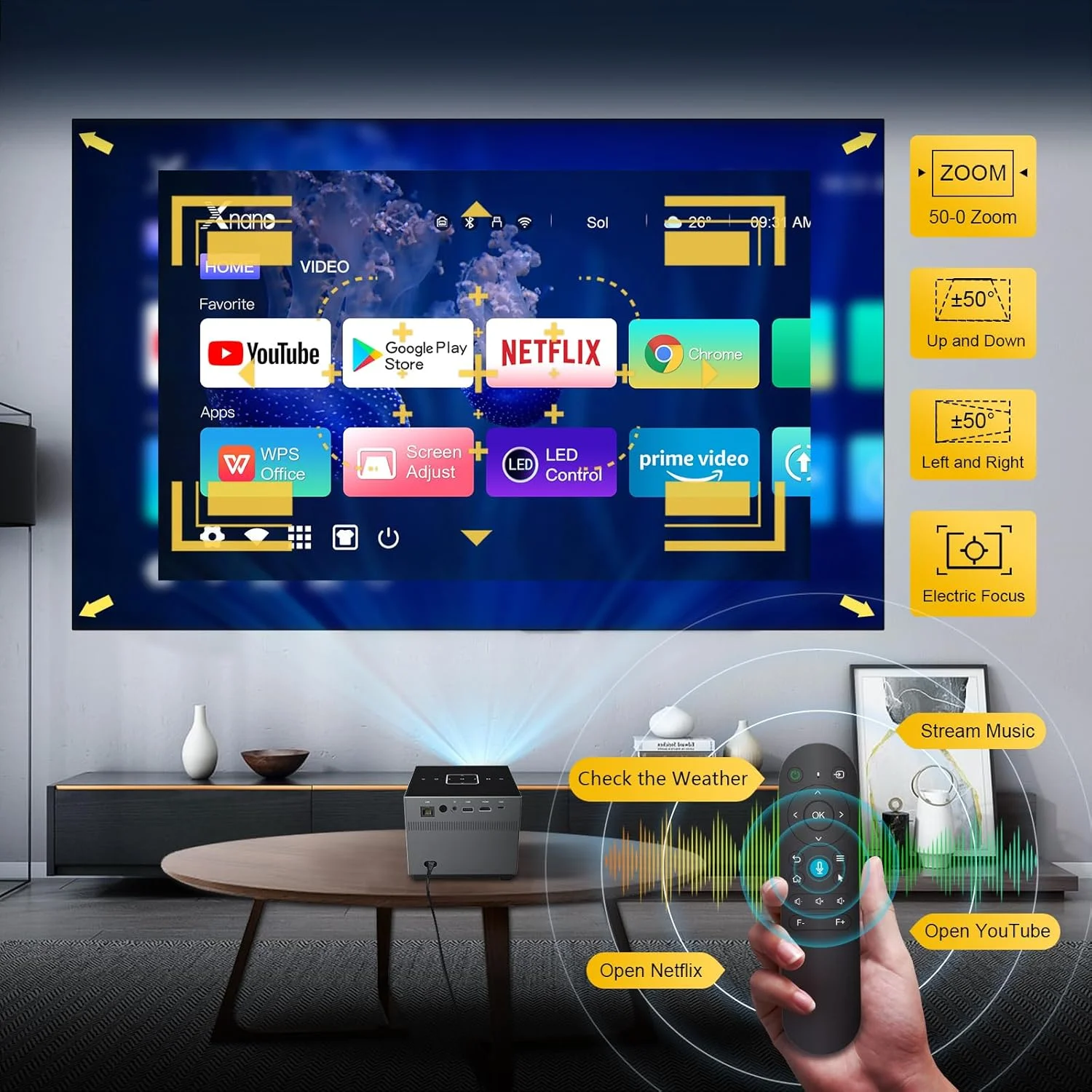 پروژکتور مینی XNANO [پشتیبانی از رمزگشایی ویدیو 8K/4K و فوکوس الکتریکی] با WiFi 5G و بلوتوث، پروژکتور فیلم هوشمند قابل حمل برای iOS/Android/TV Stick با نورپردازی LED، دارای برنامه های بیشتر داخلی - خاکستری