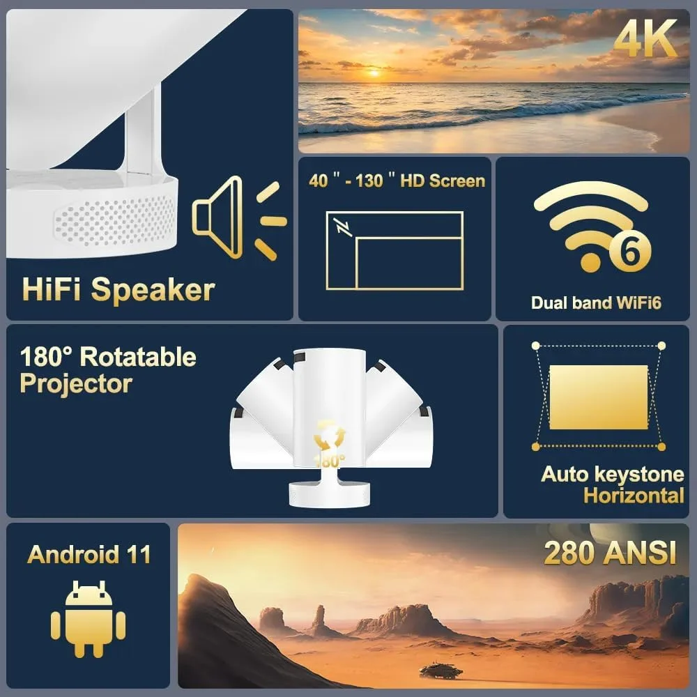 پروژکتور مینی هوشمند 4K قابل حمل XO HY300 PRO 2025، تصحیح خودکار کیستون، پروژکتور هوشمند 4K/280 ANSI، وای فای 2.4/5G، بلوتوث 5.0، صفحه نمایش 130 اینچی، چرخش 180 درجه، پروژکتور ویدیویی خانگی پروژکتور مینی هوشمند 4K قابل حمل XO HY300 PRO 2025، تصحیح خودکار کیستون، پروژکتور هوشمند 4K/280 ANSI، وای فای 2.4/5G، بلوتوث 5.0، صفحه نمایش 130 اینچی، چرخش 180 درجه، پروژکتور ویدیویی خانگی