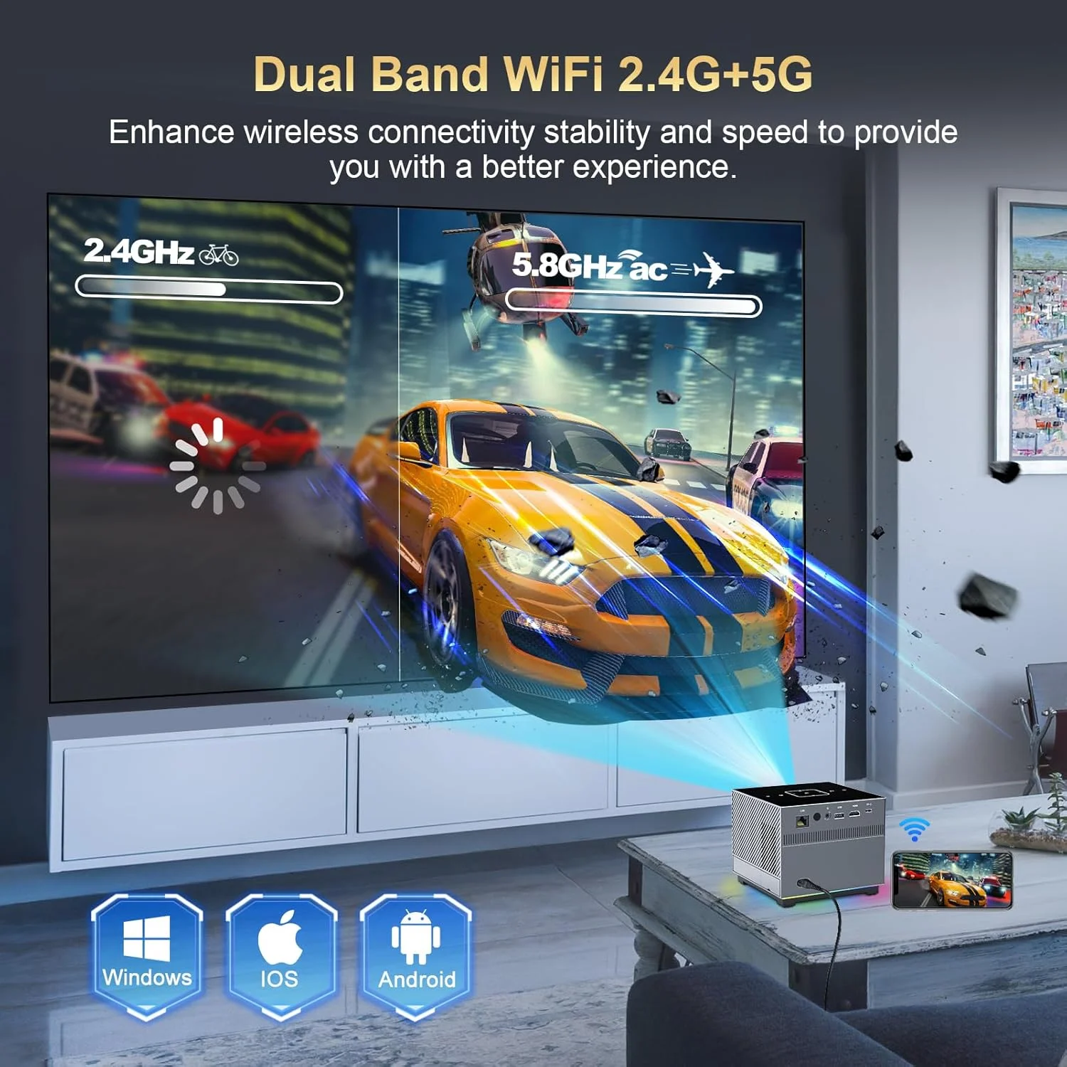 پروژکتور مینی XNANO [پشتیبانی از رمزگشایی ویدیو 8K/4K و فوکوس الکتریکی] با WiFi 5G و بلوتوث، پروژکتور فیلم هوشمند قابل حمل برای iOS/Android/TV Stick با نورپردازی LED، دارای برنامه های بیشتر داخلی - خاکستری