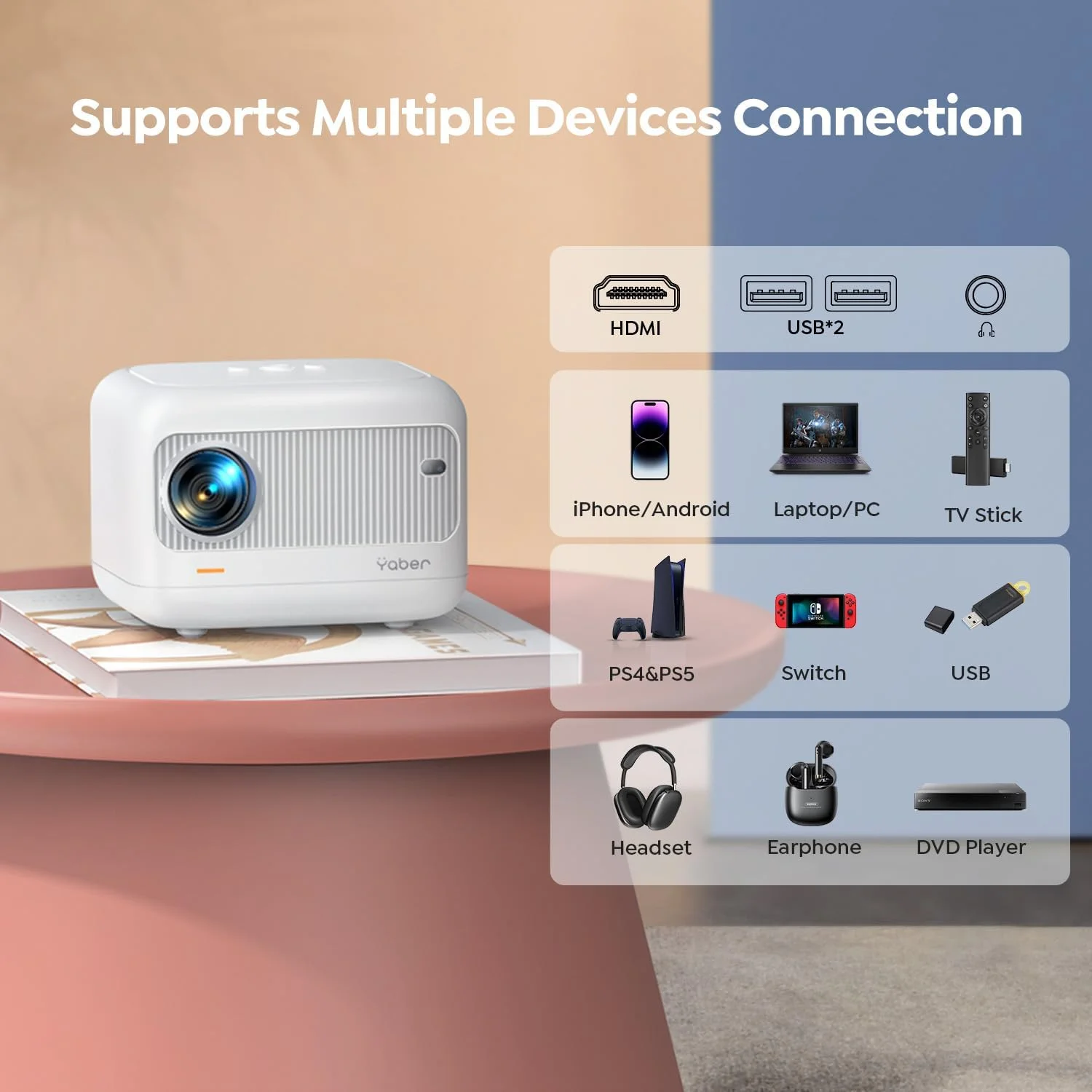 پروژکتور مینی YABER [فوکوس الکتریکی] با وای فای 5G و بلوتوث 5.2، 18000 لومن 1080P، پروژکتور فضای باز با پشتیبانی از اصلاح کیستون ±40 درجه، پروژکتور قابل حمل برای تلفن/دانگل تلویزیون/لپ تاپ/PS5